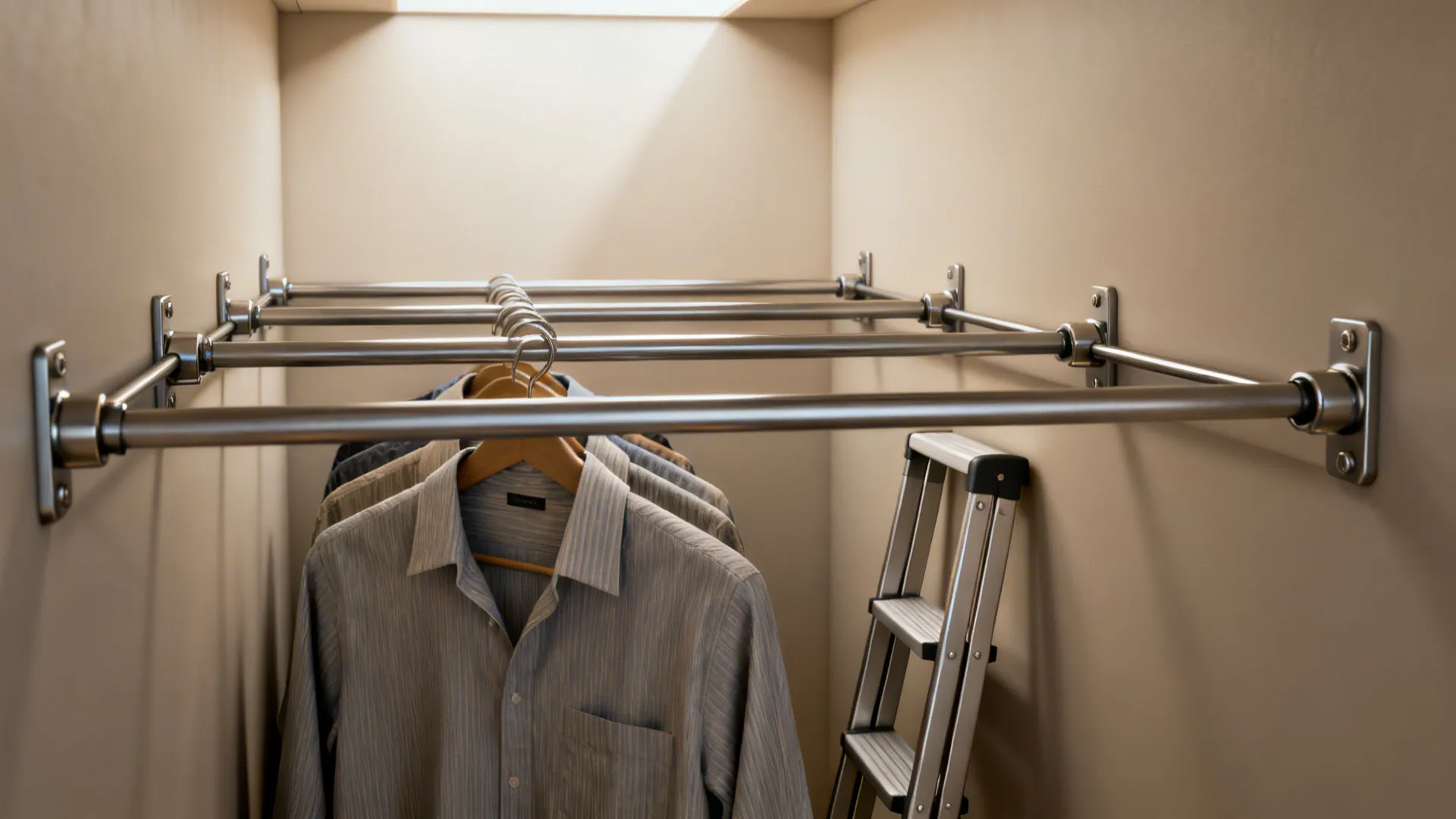 Double hanging rods in a small closet with a slim foldable step stool beside them.