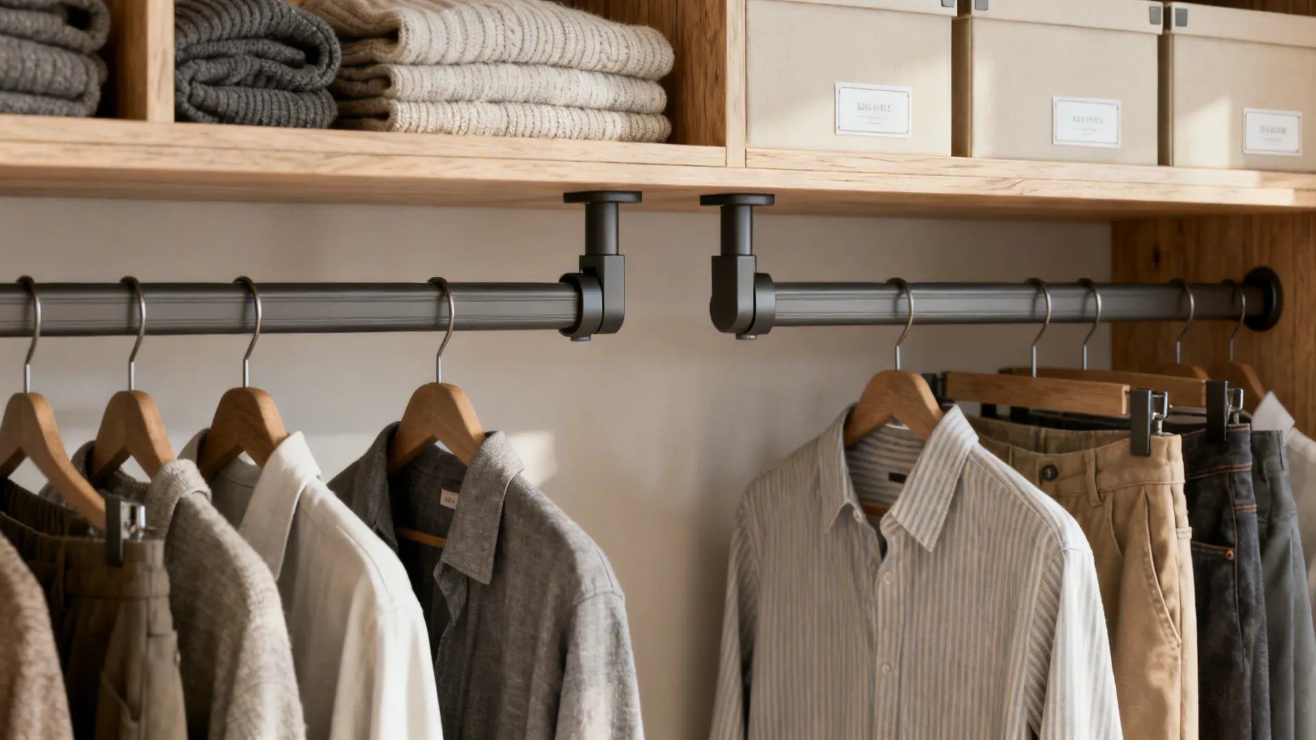 Double hanging rods with tiered shelves above, showing pull-down rod and neatly folded items.