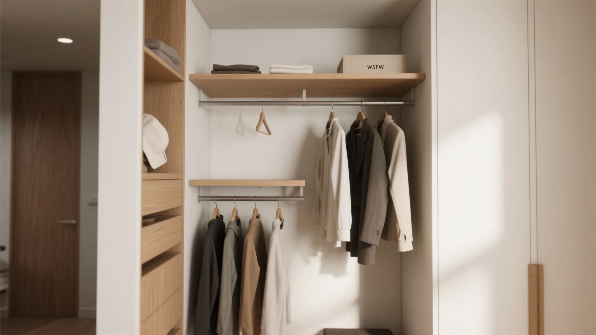 Minimalist wooden closet featuring double hanging rods for suits and shirts next to storage drawers