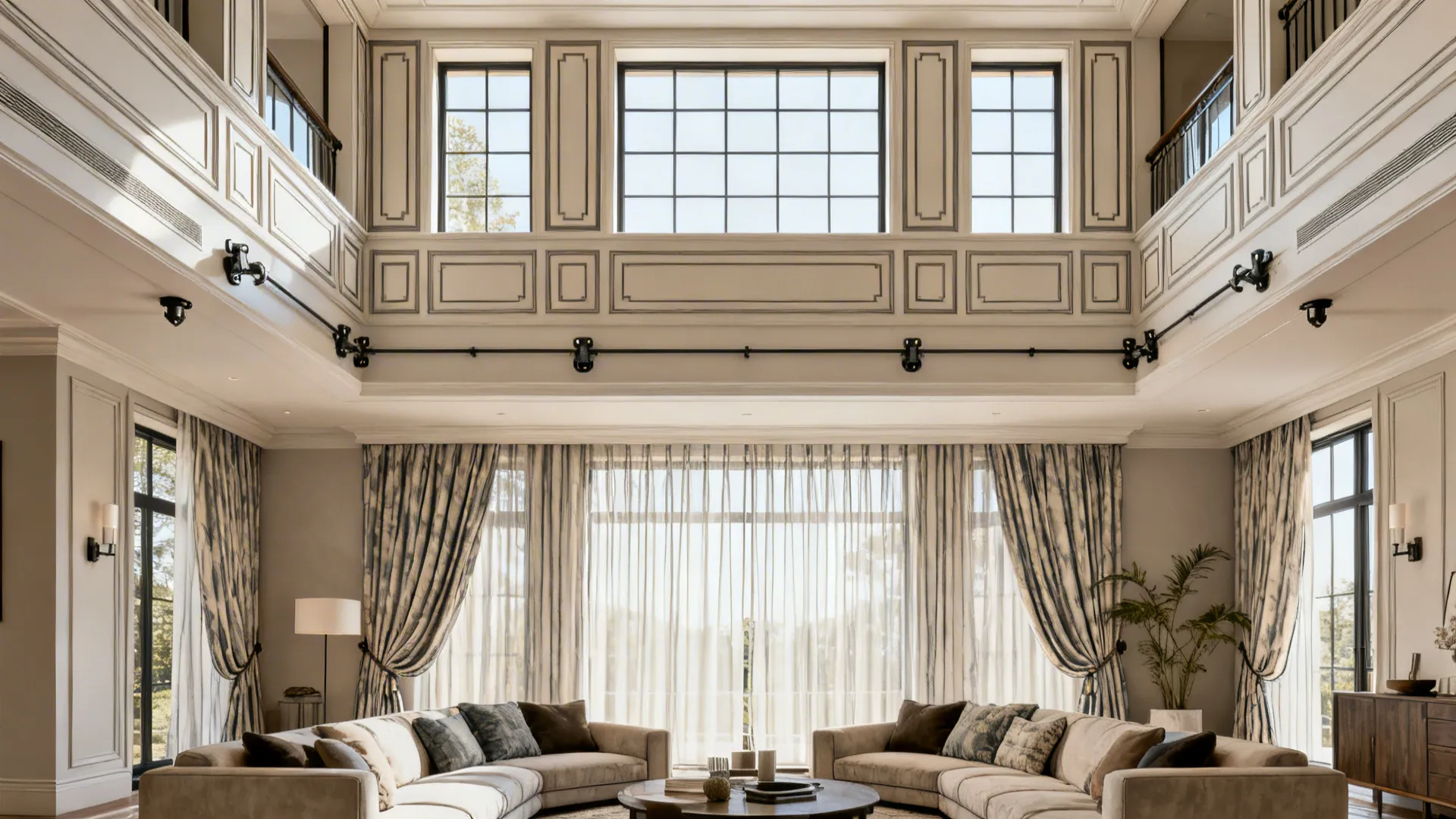 Two-story living room with upper stationary panels and lower hand-drawn drapes.