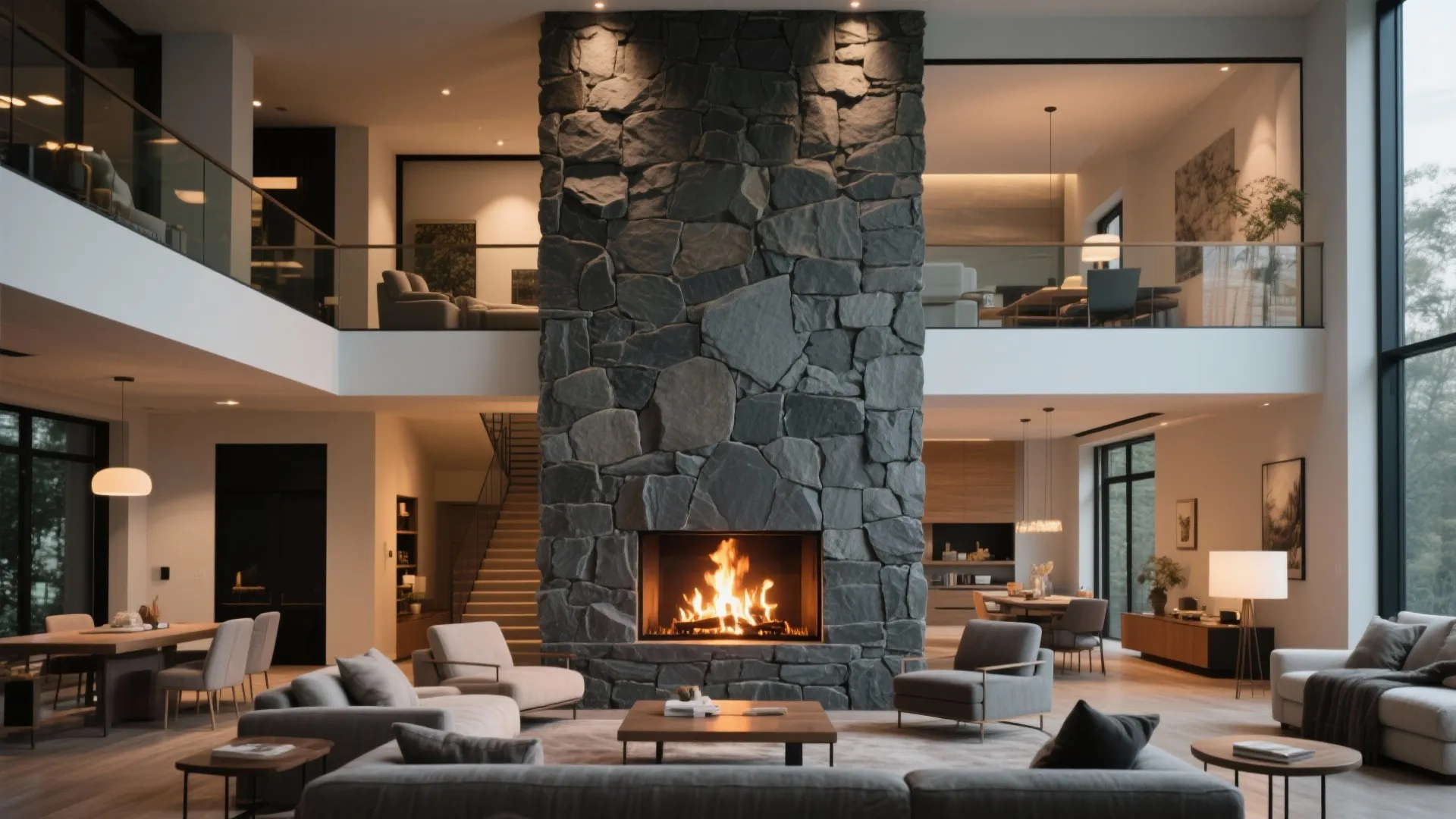 Modern living room featuring a tall stone wall with fireplace and grey sofas and chairs