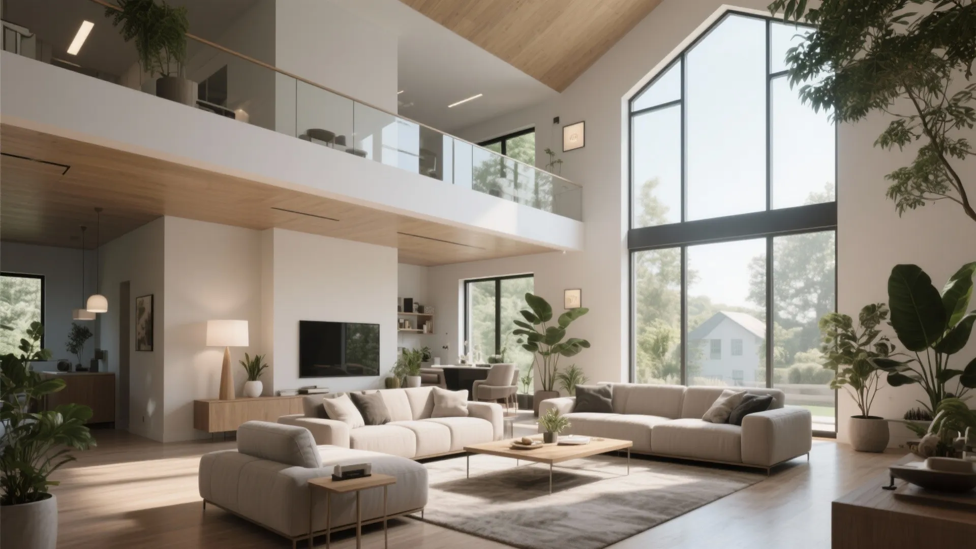 Modern double height living room with beige sofas large windows indoor plants and a mezzanine balcony