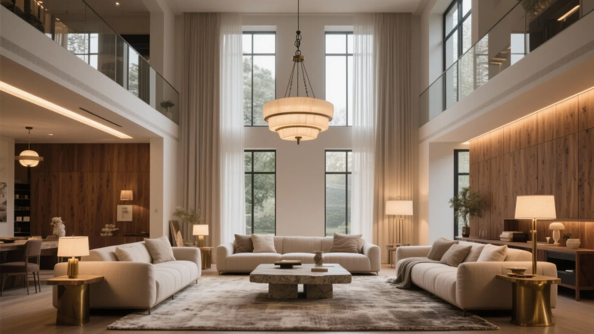 Double-Height Living Room With Layered Lighting