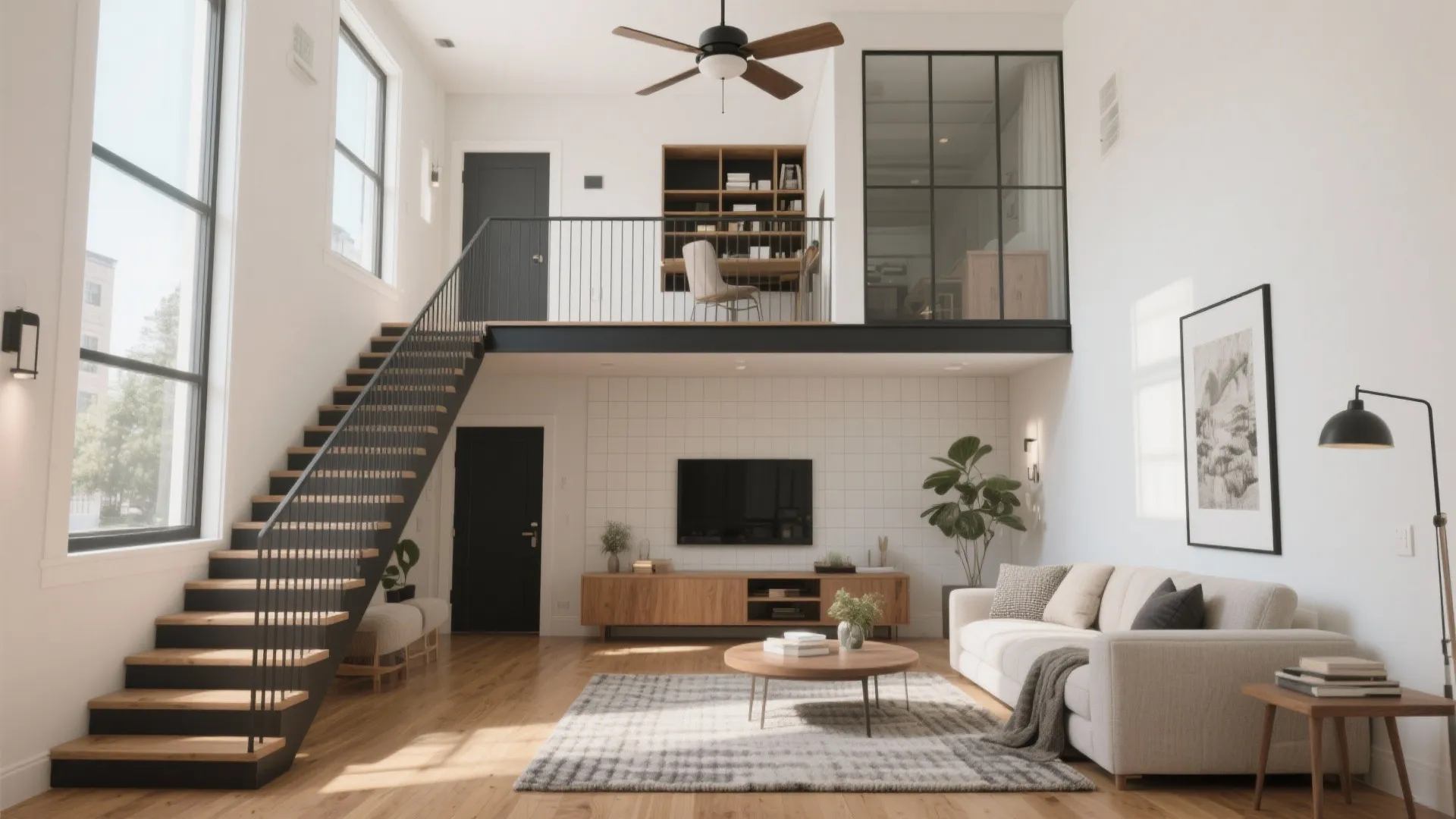 Double-height living with a mezzanine pocket study