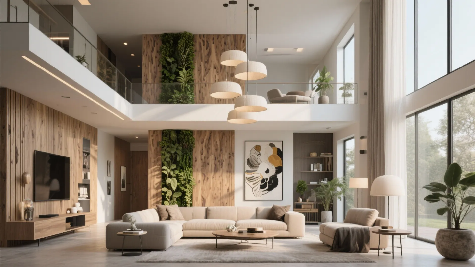 Modern double height living room with beige sofa wood wall panels and hanging ceiling light fixtures