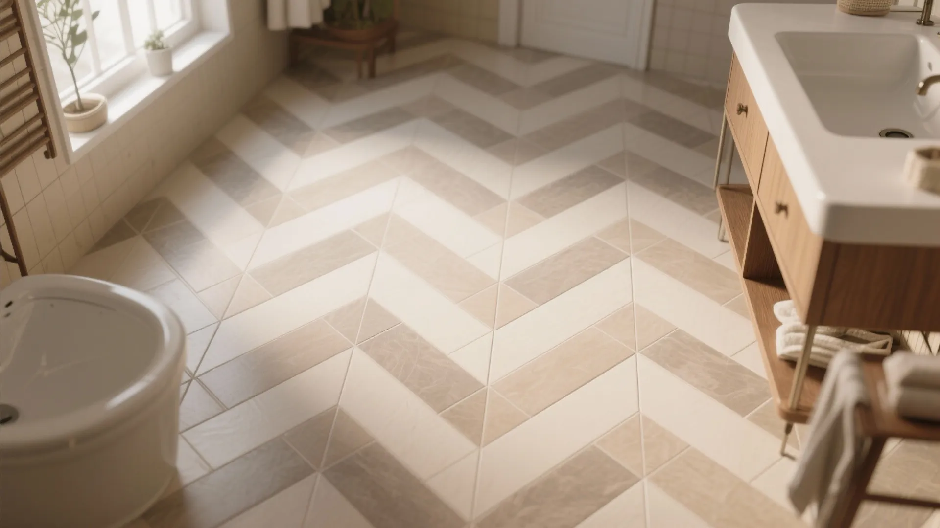 Double herringbone tile pattern with 6x24 tiles in warm tones