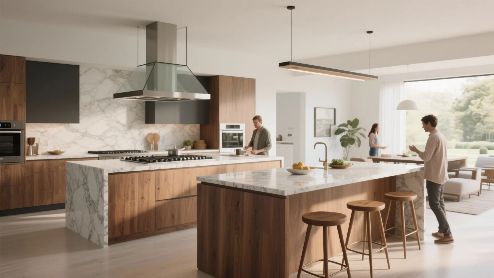 Modern kitchen with double islands marble countertops wooden cabinets ceiling lights and people preparing food together