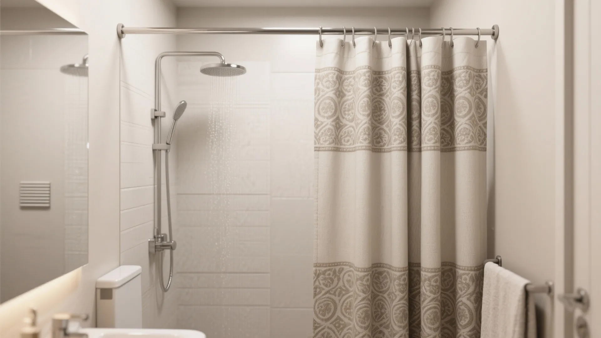 Modern bathroom with silver shower head running water and cream patterned curtain on metal rod