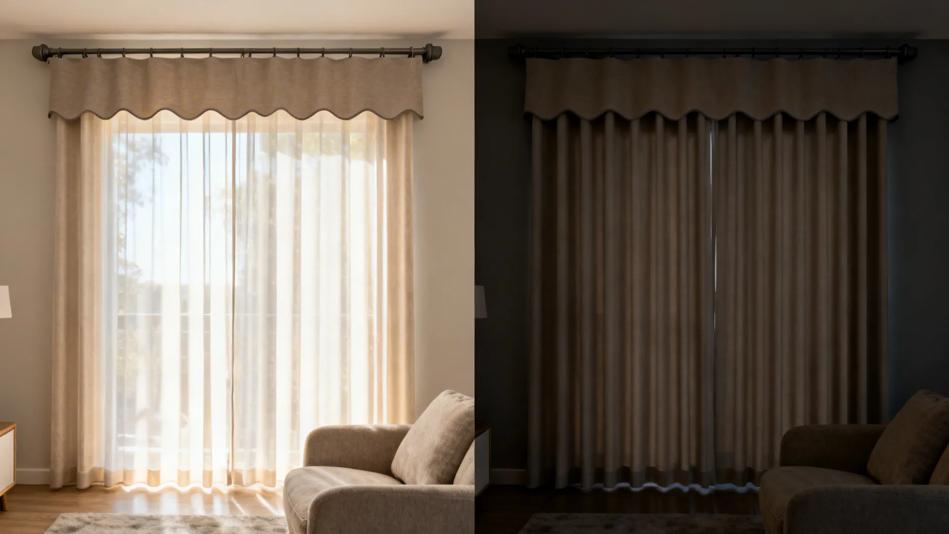 Sheer front panels by day and mid-tone blackout closed at night in the same drawing room.