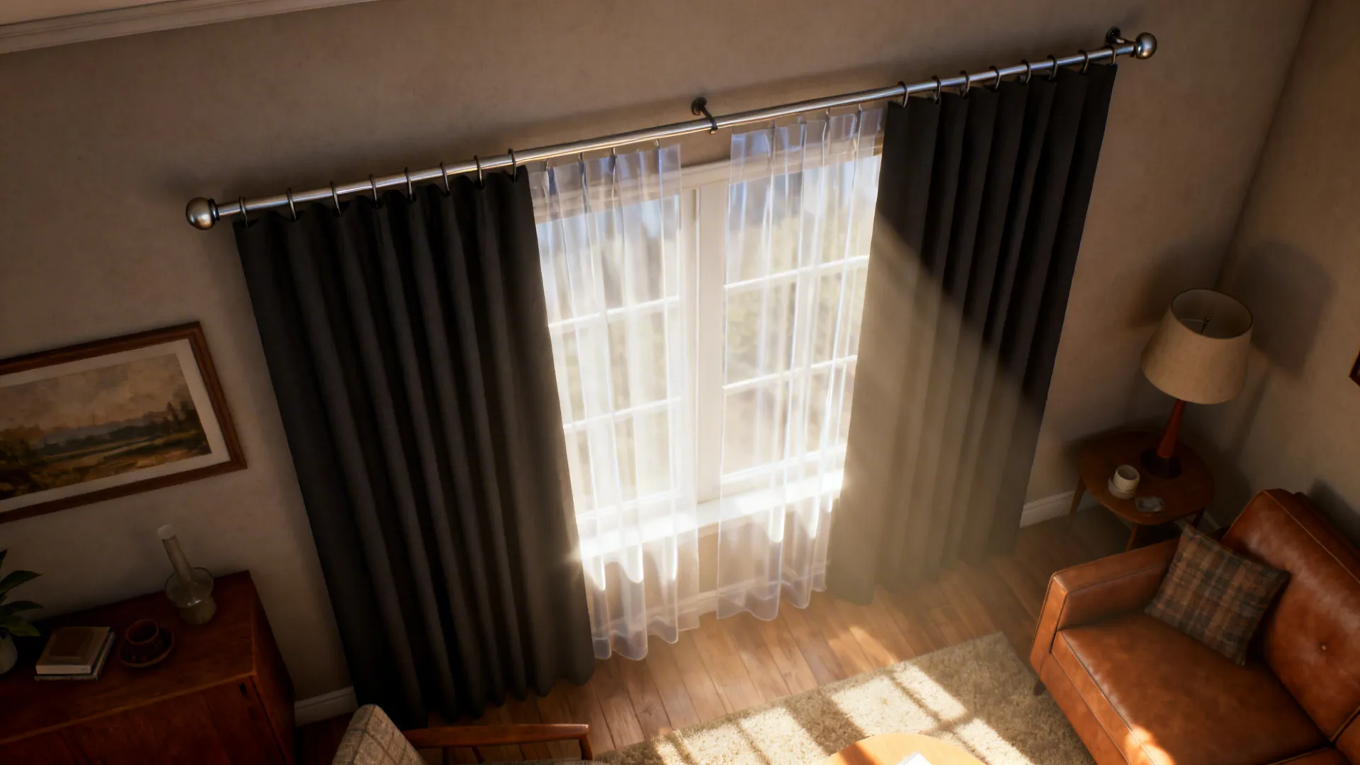 Top-down view of layered blackout drape and sheer in a mid-century window treatment