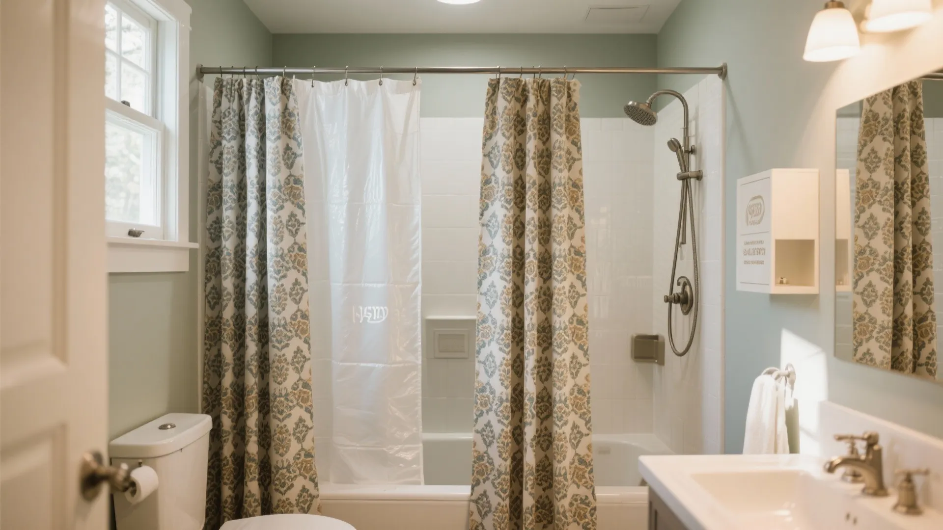 Bathroom with double layer shower curtains featuring a patterned outer layer and a white inner