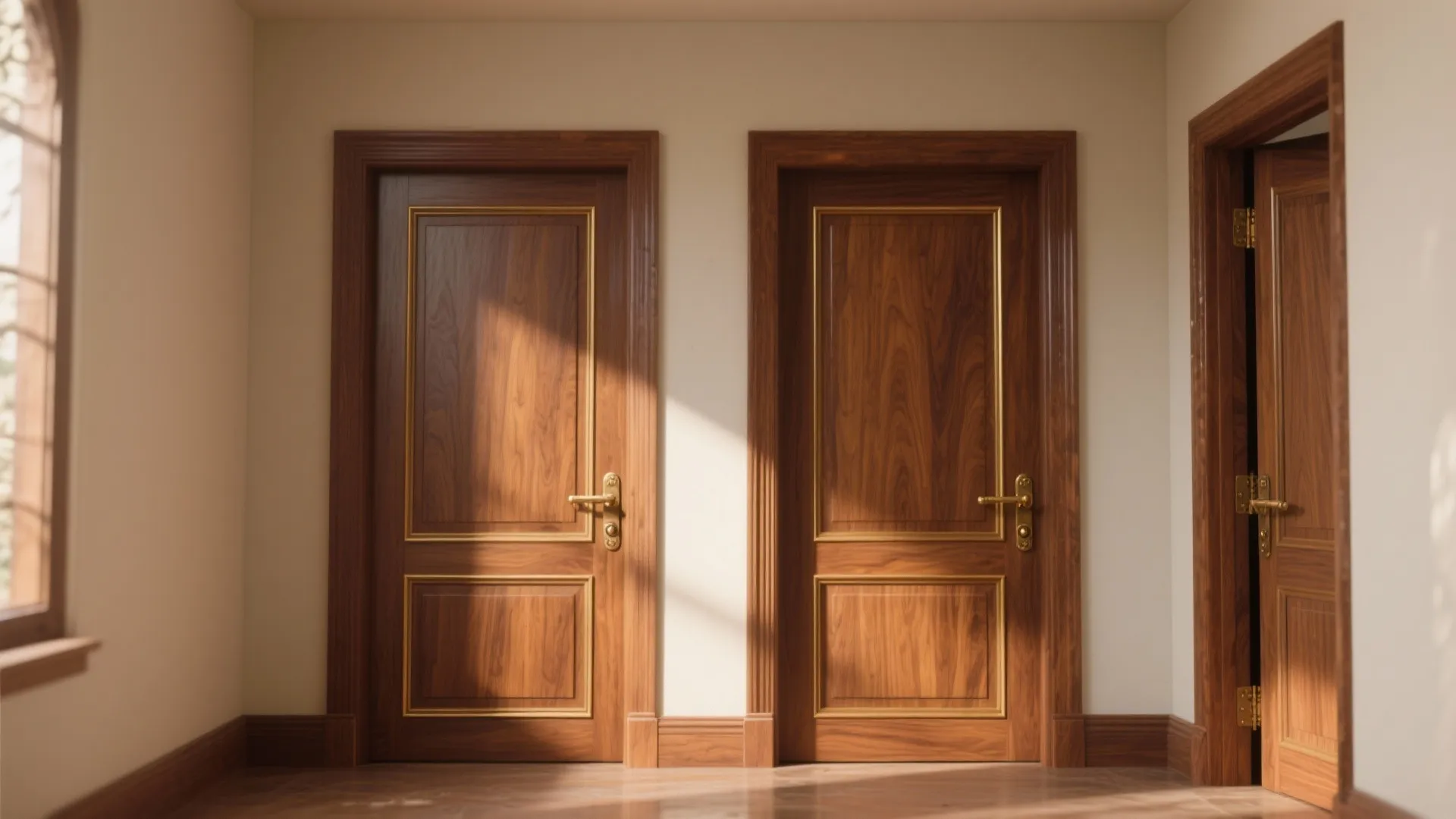 Three elegant brown wooden doors with gold handles installed in a bright home hallway interior