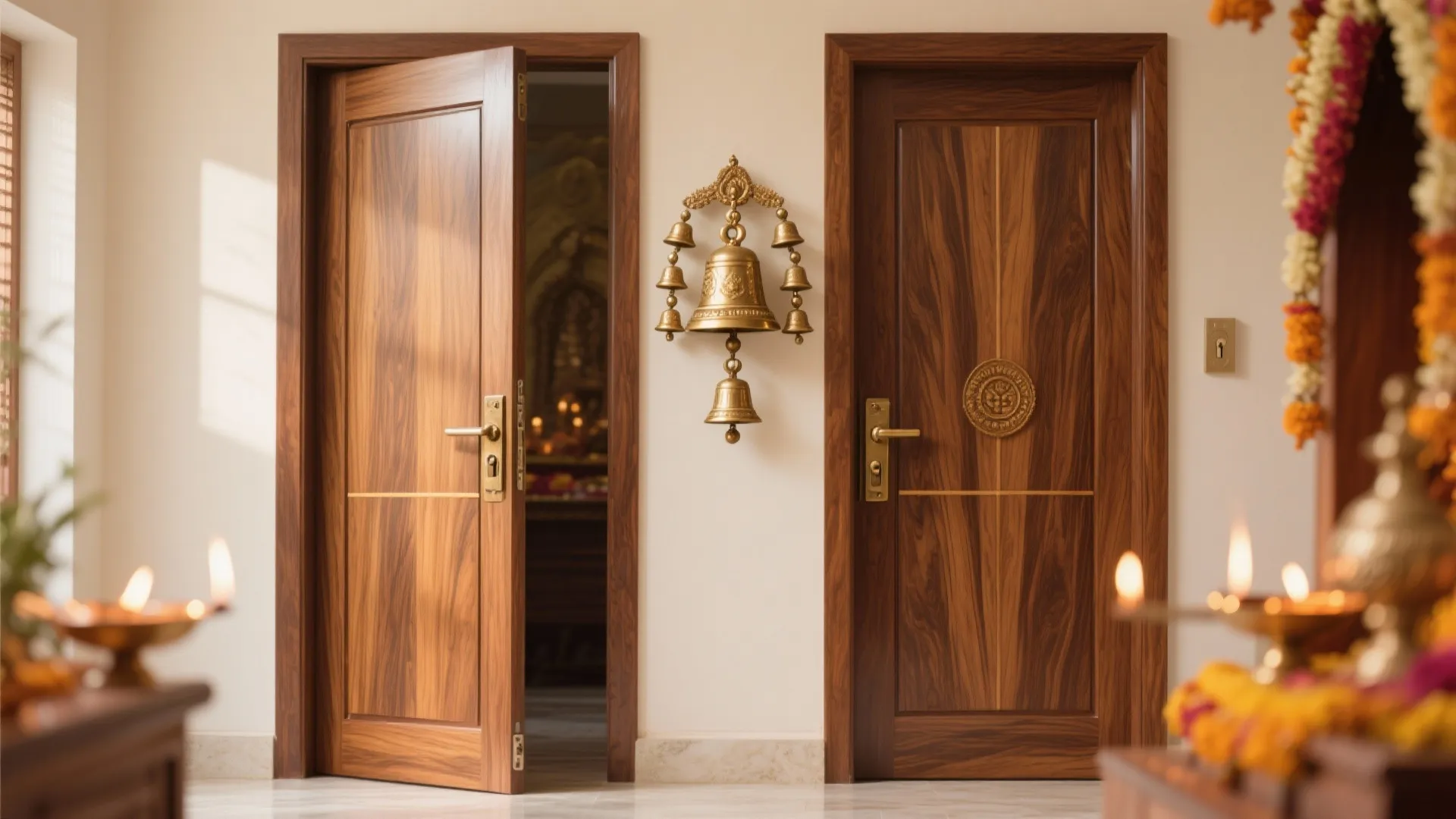 Two wooden doors with metal handles and hanging decorative bells in a warm house interior