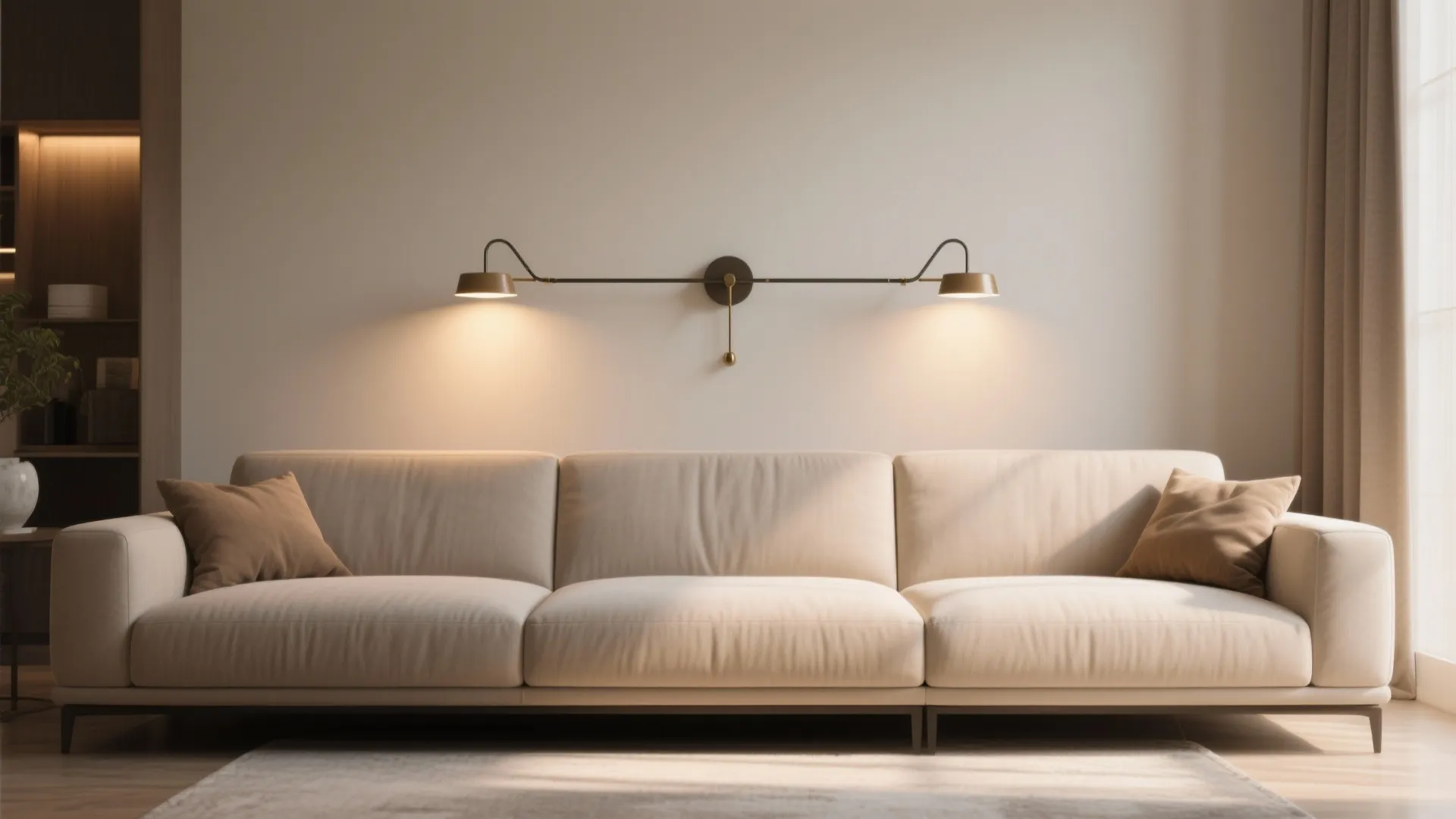 Double light swing arm sconce above a long sofa