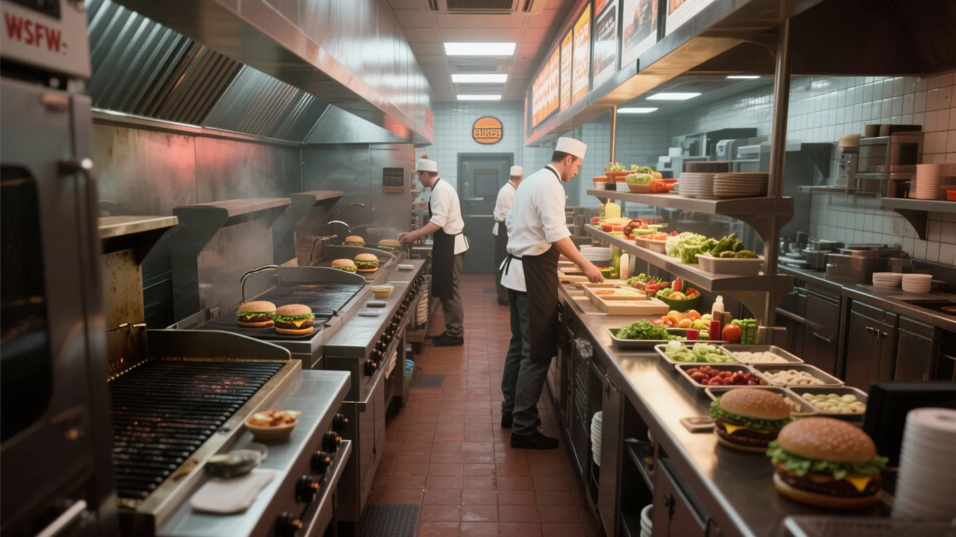 Burger kitchen with double-line station separation to reduce collisions