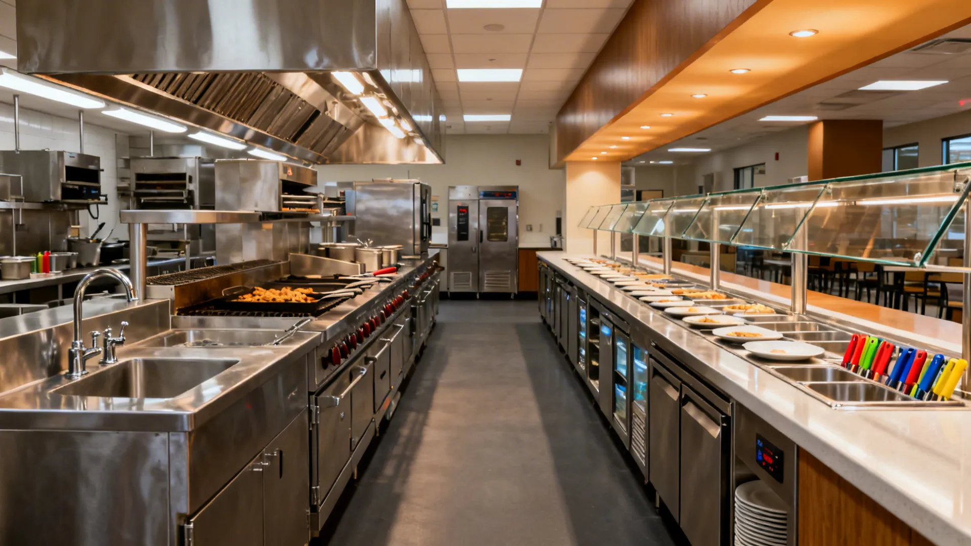 Double-line kitchen with separate hot production and service lines, wide aisles, and pass-through hot cabinets.