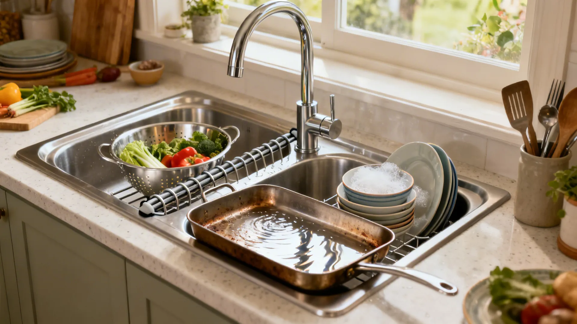 Stainless double-bowl sink with a low divider and pull-down faucet, separating prep and cleanup tasks.