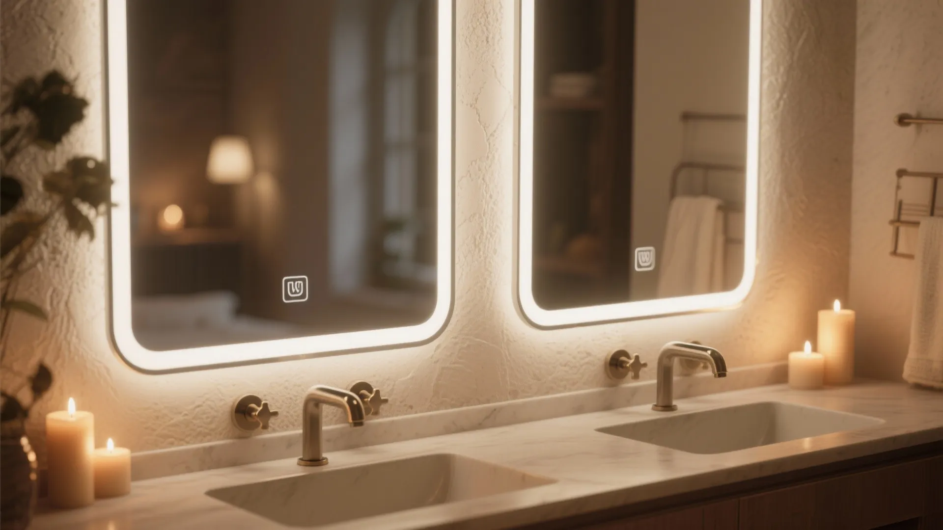 Modern bathroom double vanity with two lighted mirrors, marble countertop, gold faucets, and lit candles