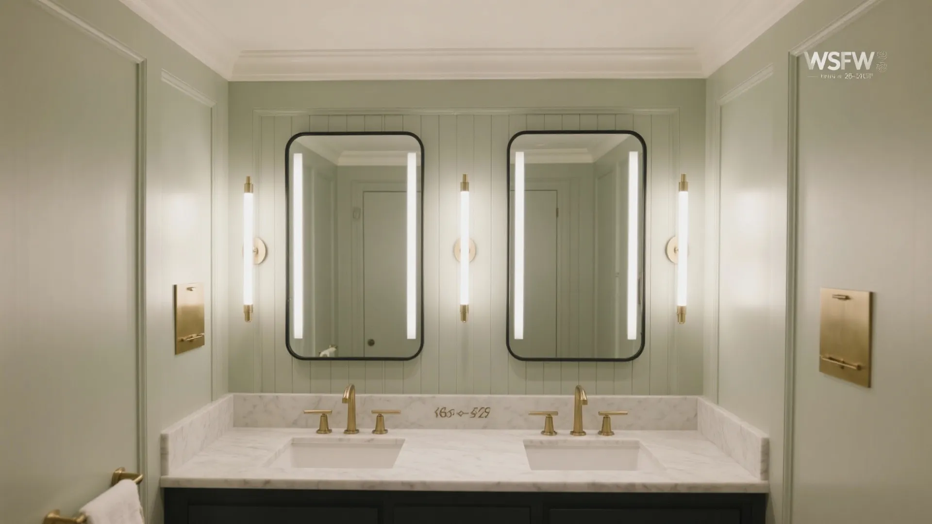 Double bathroom sinks with marble counter two mirrors gold faucets and green wall panel background