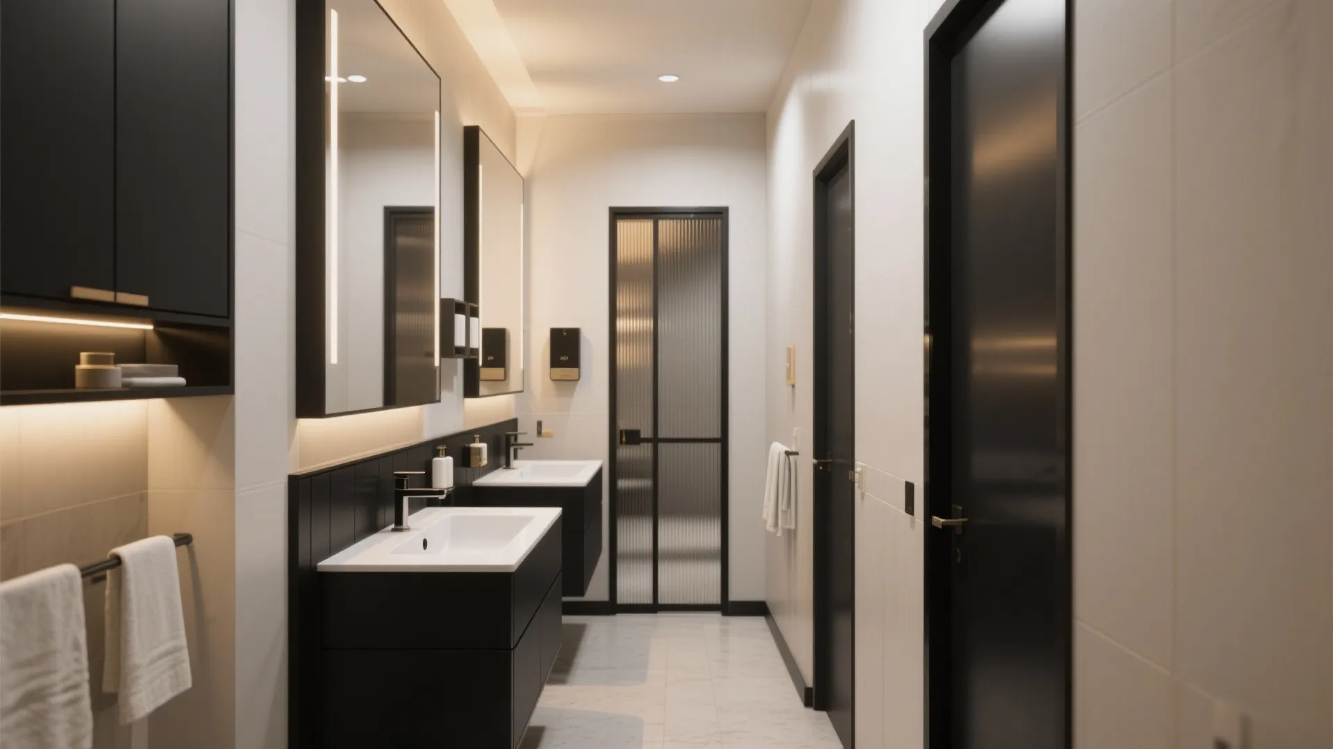 Modern long bathroom with double black cabinets white sinks mirrors and a glass door at end