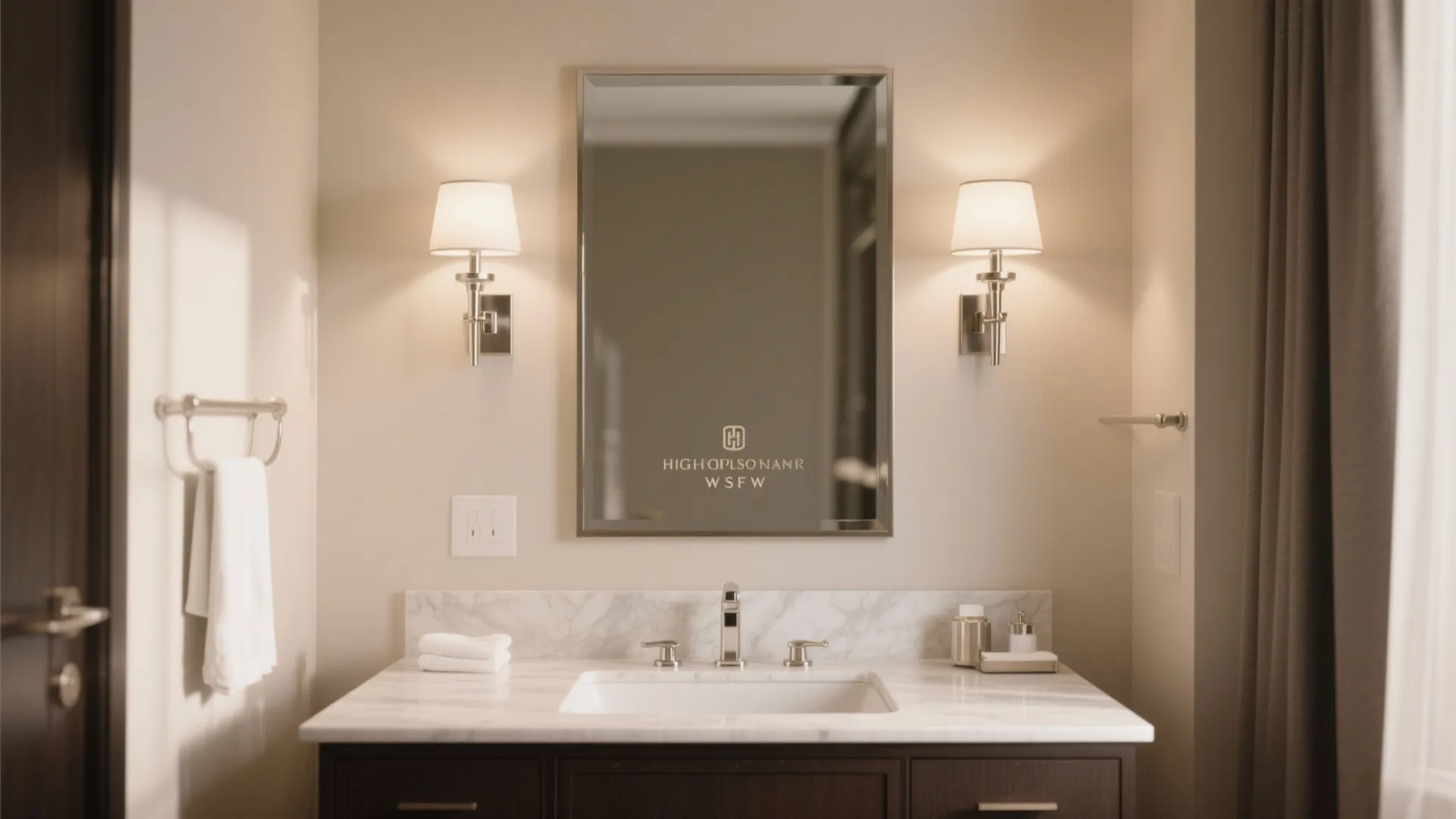Dark wood bathroom cabinet with marble top, rectangular mirror, and two white shade wall lights