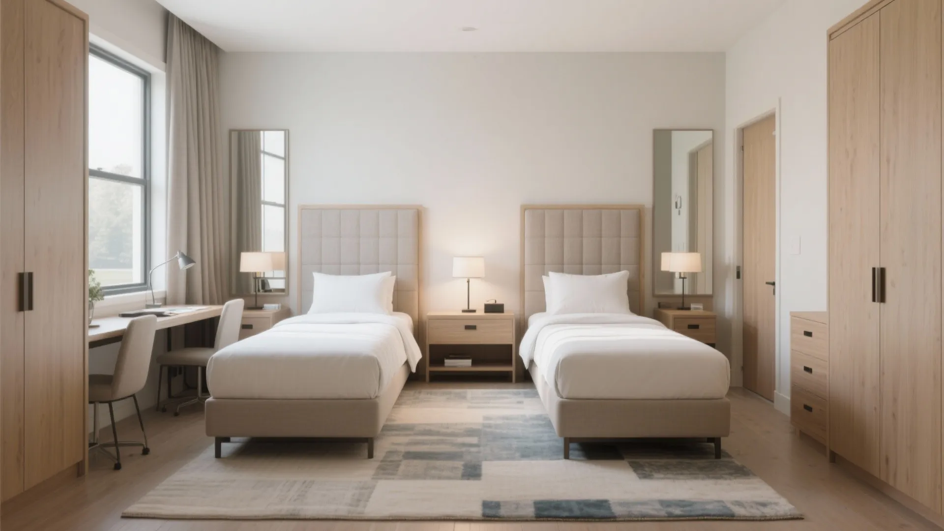 Modern twin bedroom with wood cabinets two single beds bedside lamps window desk and patterned rug