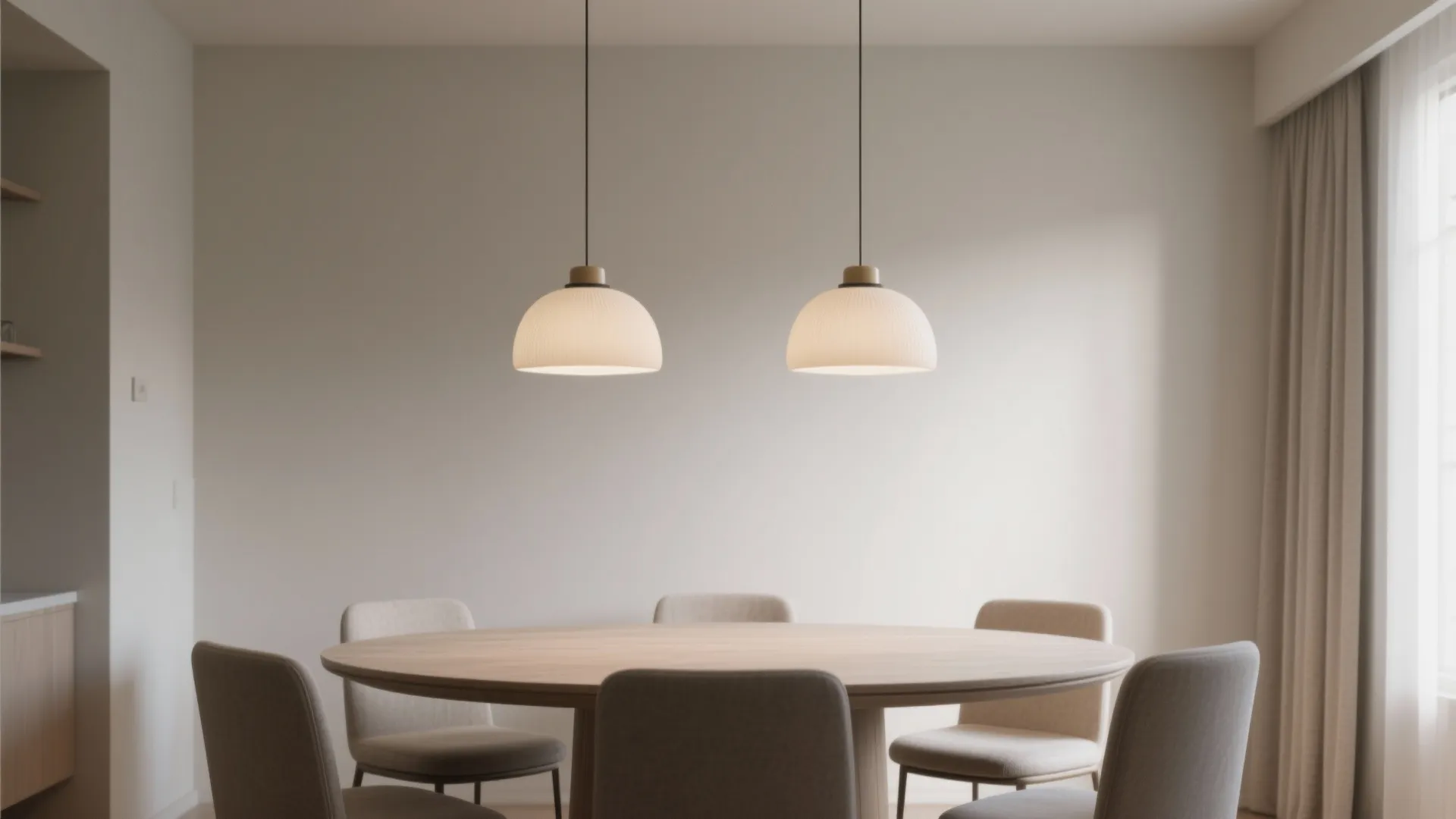Minimalist dining area featuring two round ceiling lights over a large wooden table with chairs