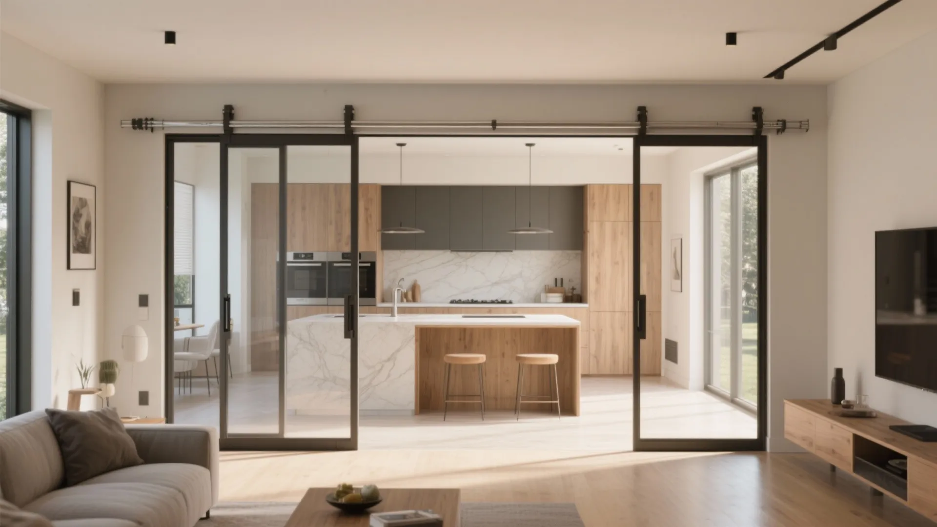 4. Double-pocket (bi-parting) doors between living and kitchen