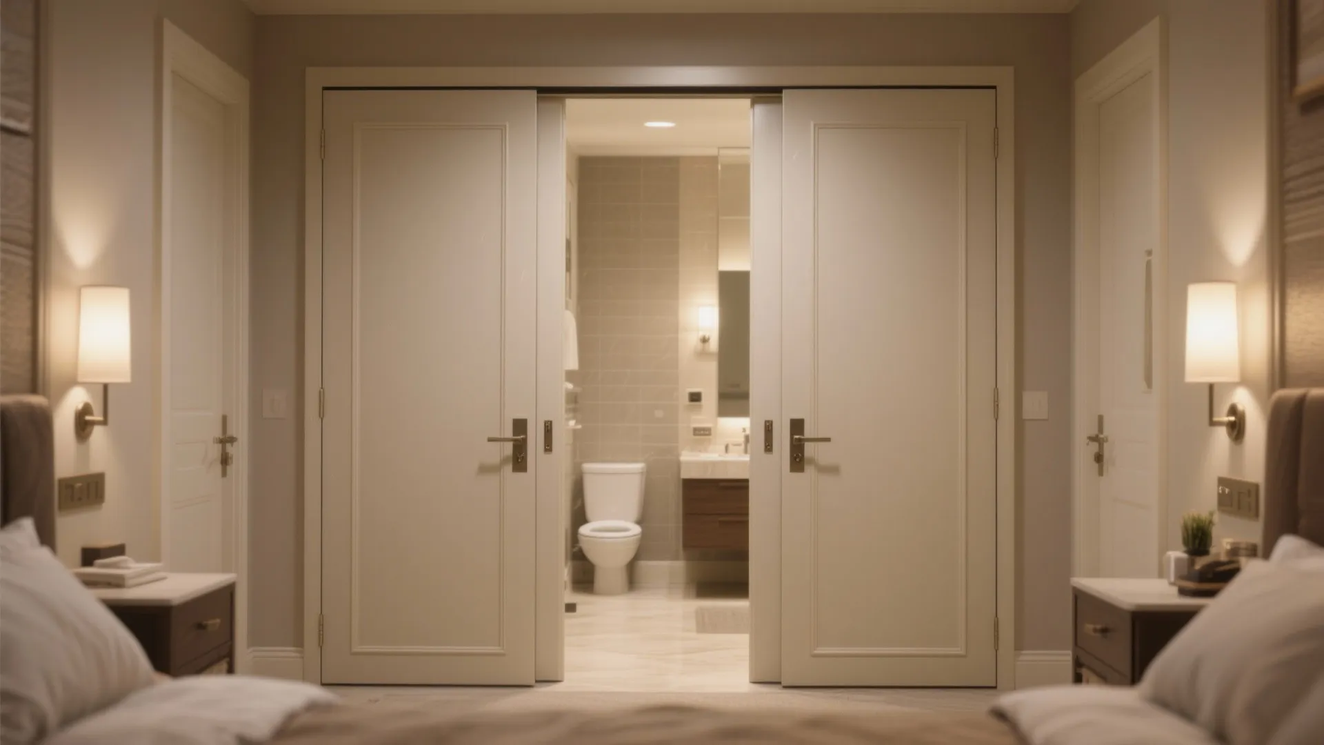 Bedroom view through white double doors showing a bathroom with toilet cabinet and wall lights