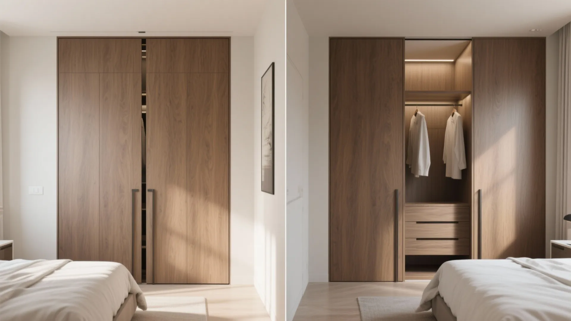 Before-and-after comparison of a closed wooden cabinet versus an open storage system with shirts hanging