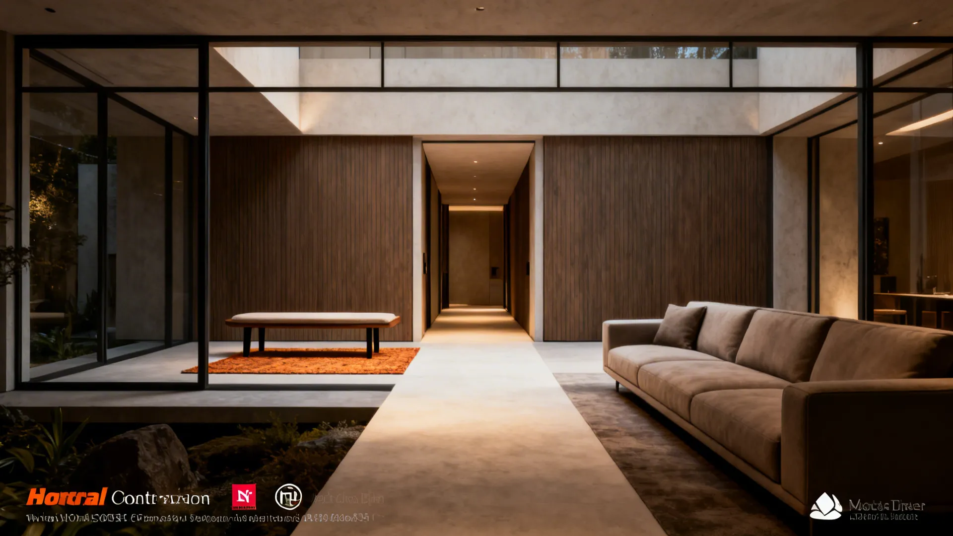 Sofa facing center with a slim bench behind near the entry creating double-tier seating and clear circulation.