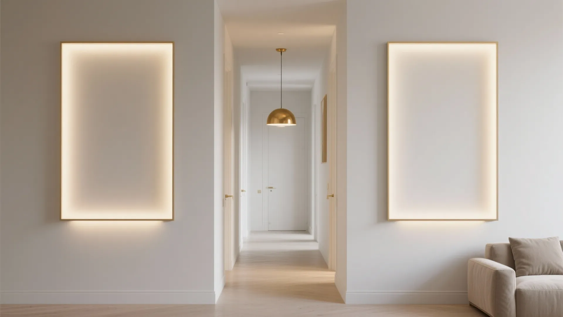 White hallway with two light up wall panels gold ceiling light and light wood floor