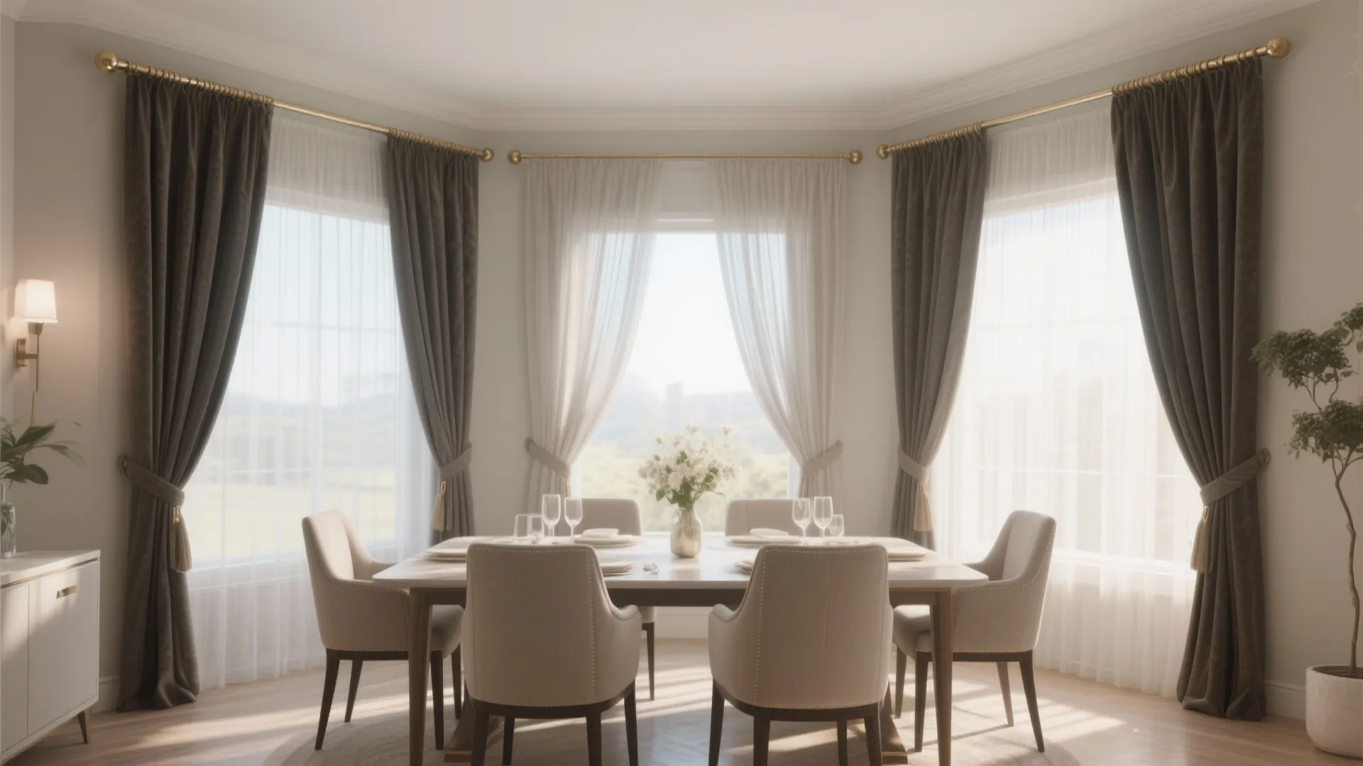 Bright dining area with square table beige chairs dark brown curtains and white sheer curtains