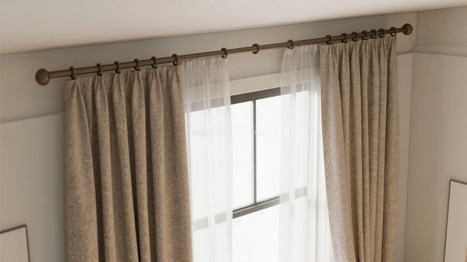 Double rod curtain system with layered sheers and drapes