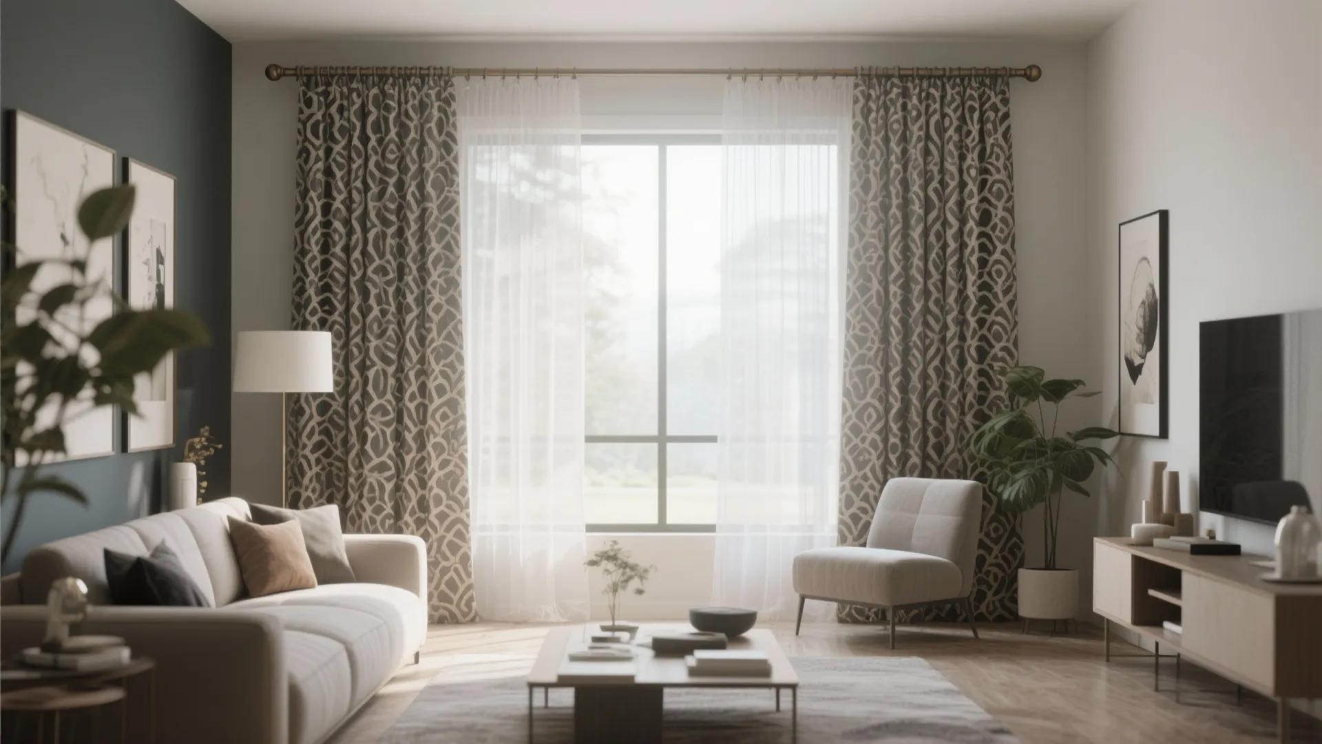 Modern living room with patterned curtains, white sheer curtains, gray sofa, armchair and wooden cabinet
