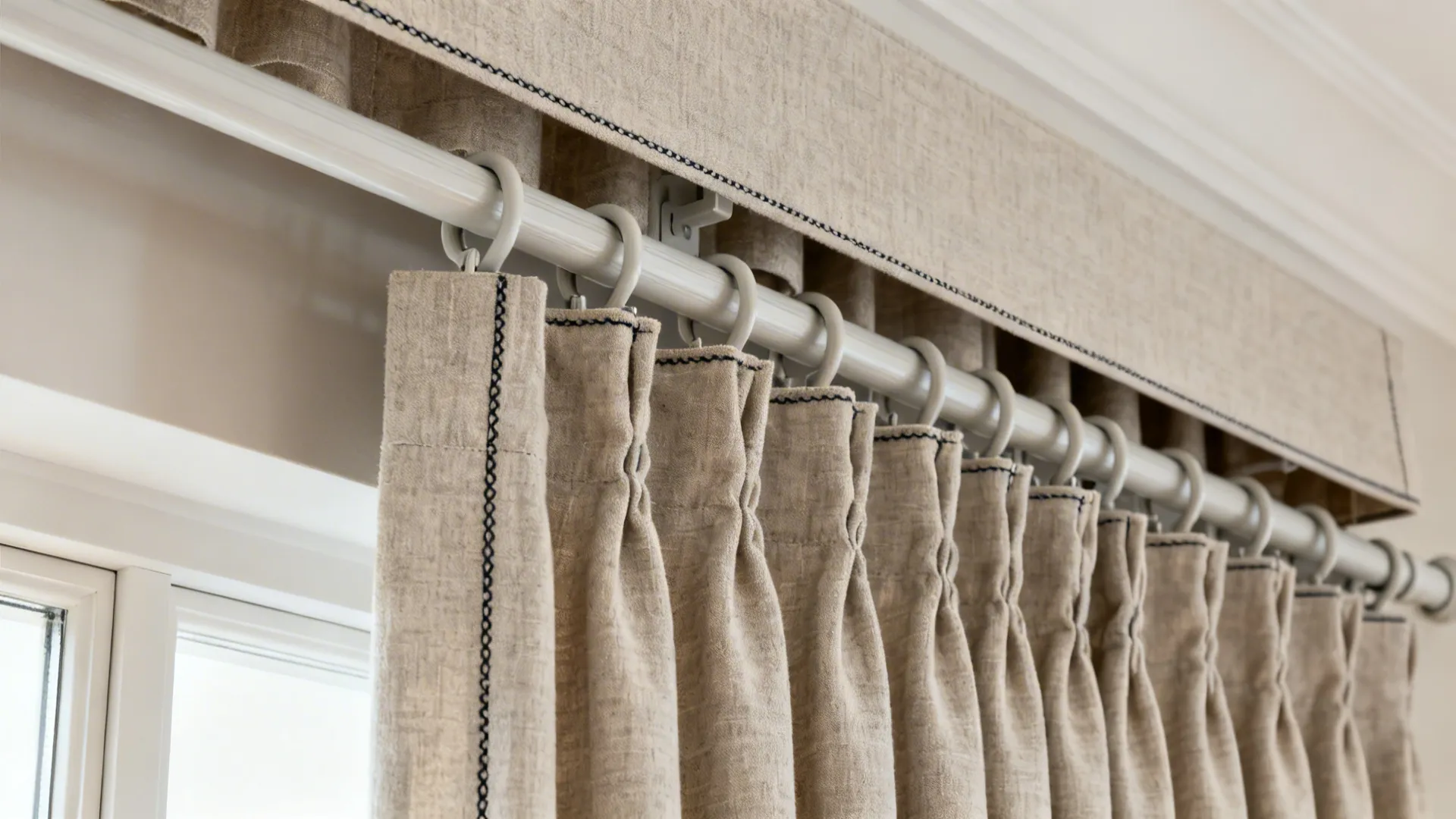 Macro of double curtain rods and headers showing upper stationary and lower hand-drawn panels.