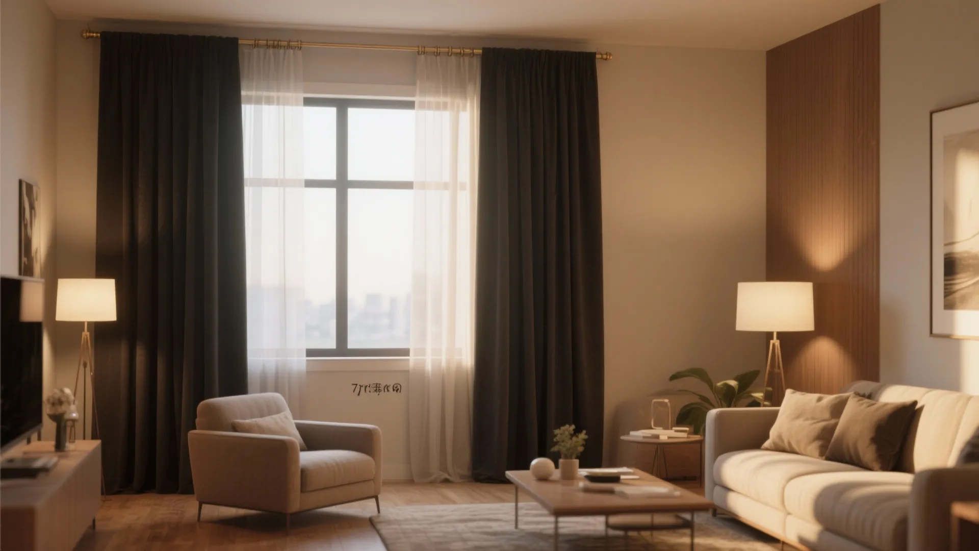 Modern living room with double layer curtains on window featuring beige armchair and warm lamps