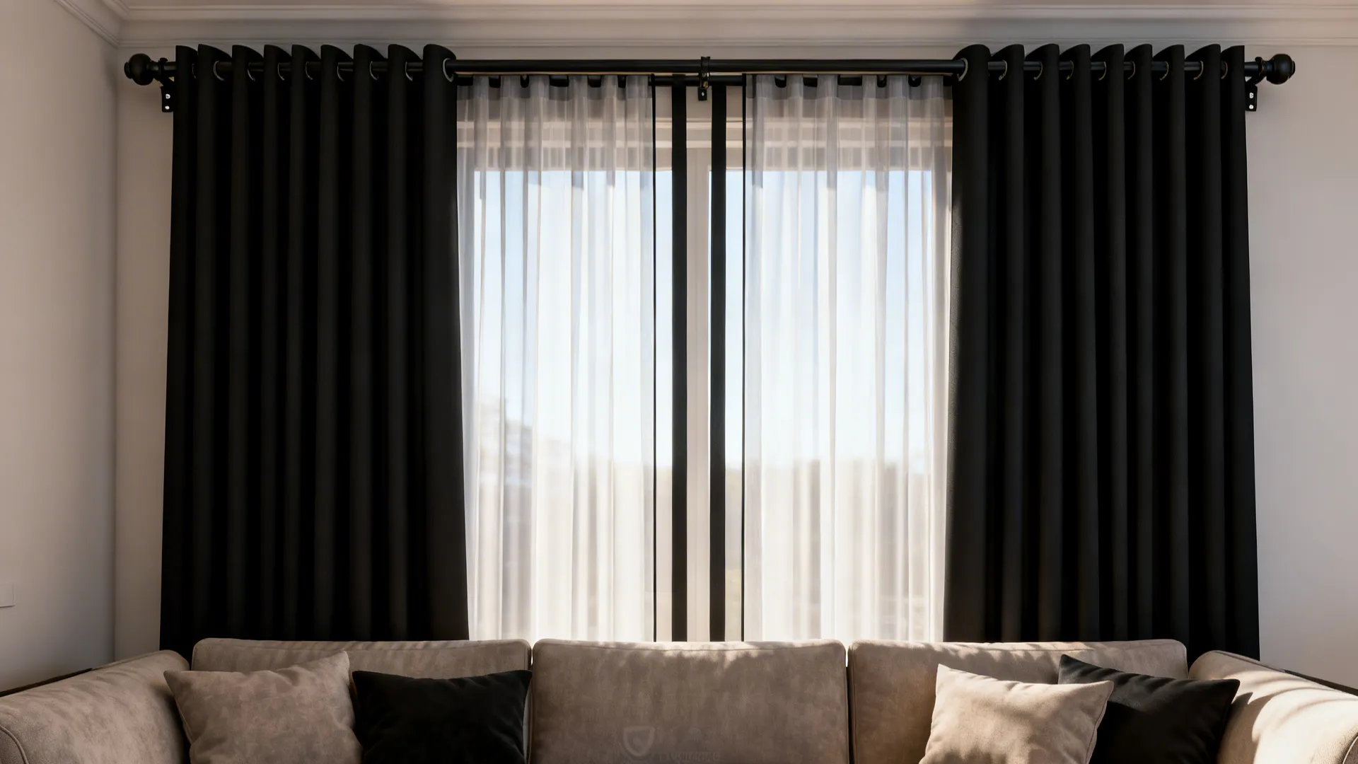 Layered double black curtain rods with blackout drapes and inner sheer panels in a living room.