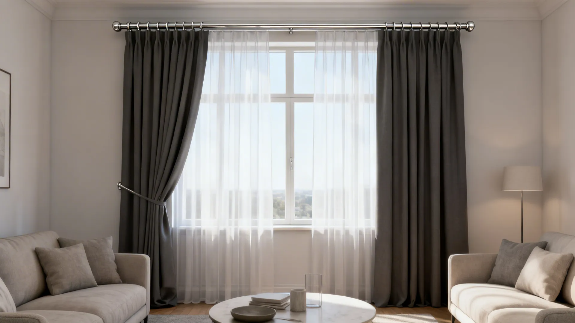 Living room window with double rod holding sheer and blackout curtains for layered effect