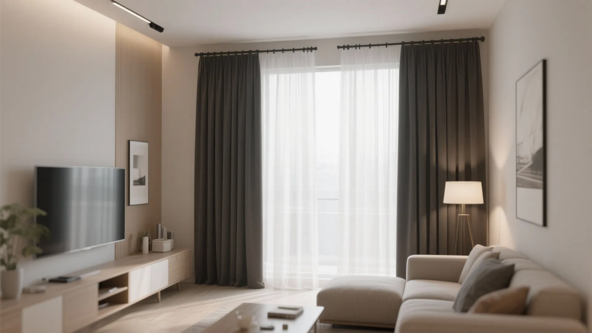Living room with double rod curtains for flexible light control