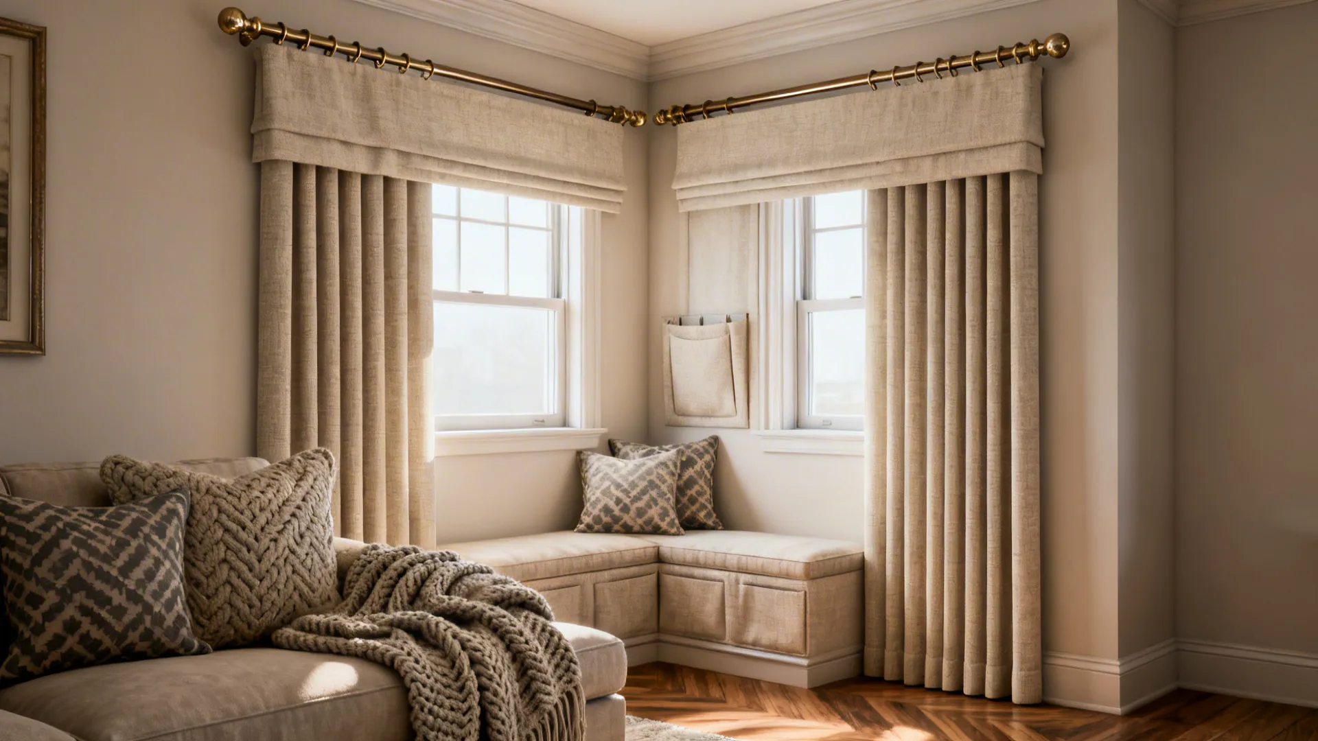 Living room showing double rod pocket with valance and full-length panel for layered luxury