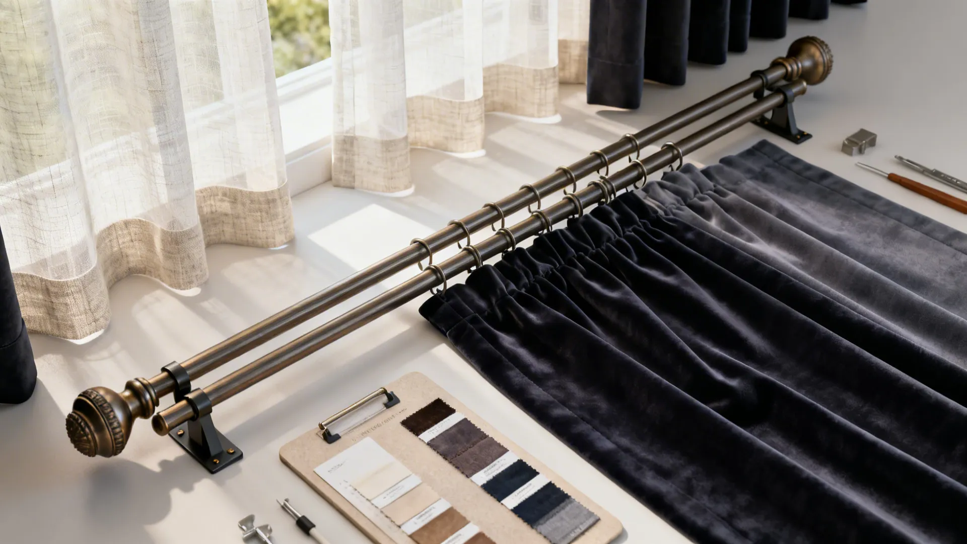 Double rod with sheer and blackout fabric samples and hardware laid out on a styling board