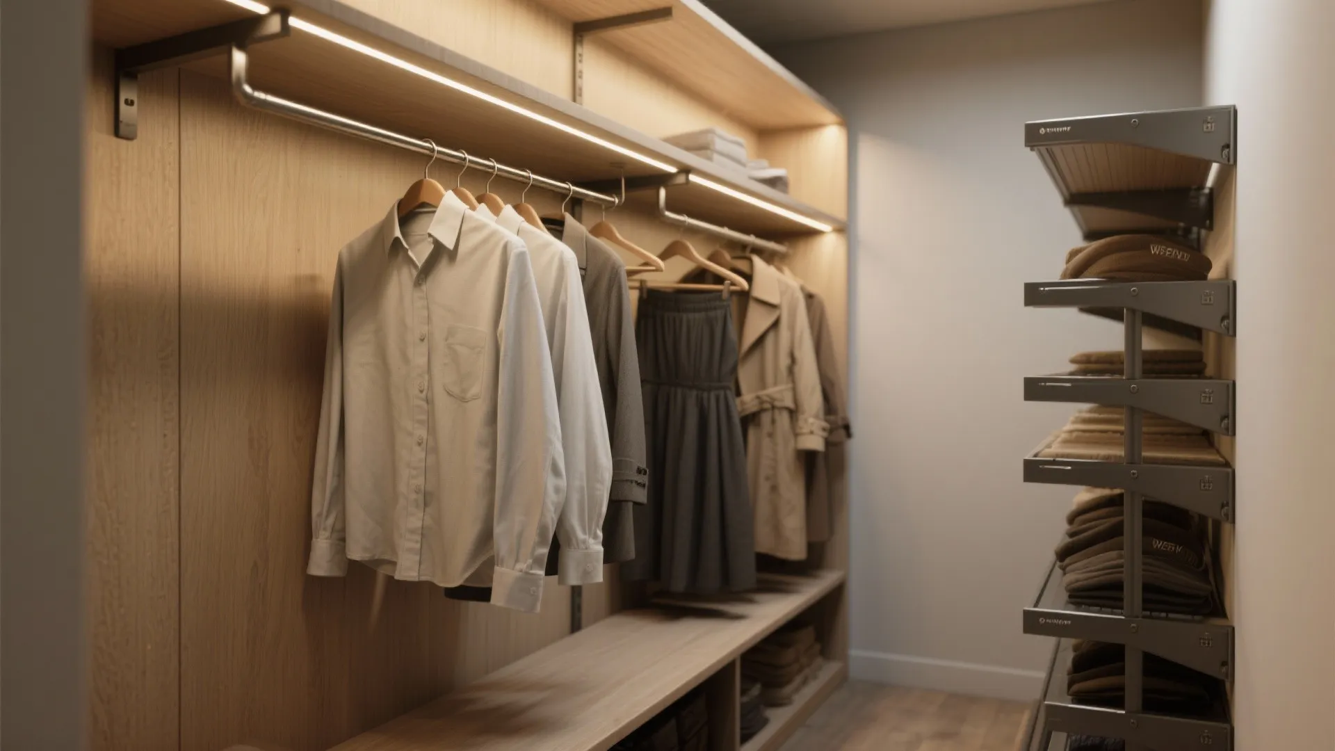 Modern closet interior featuring double hanging rods for shirts and several metal shelves for folded