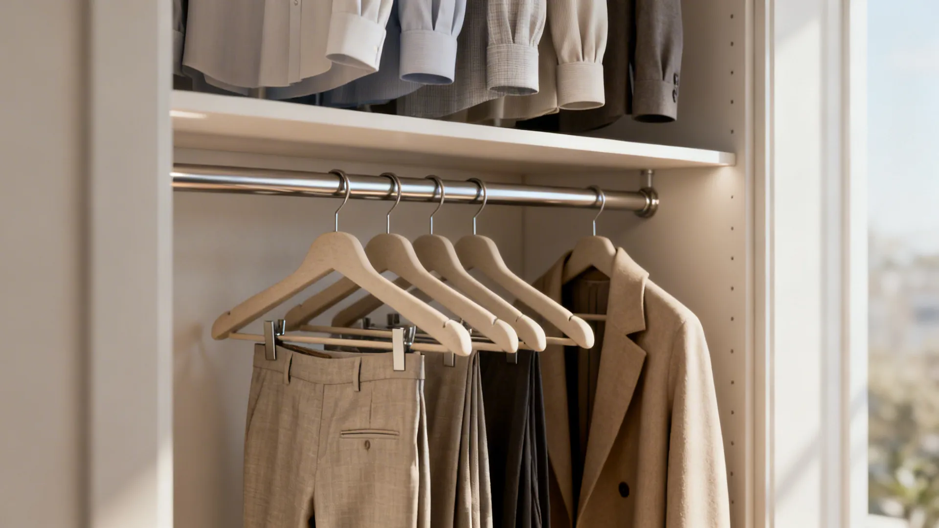 Two-tiered hanging rods with shirts on top and pants below, plus a reserved section for long coats.