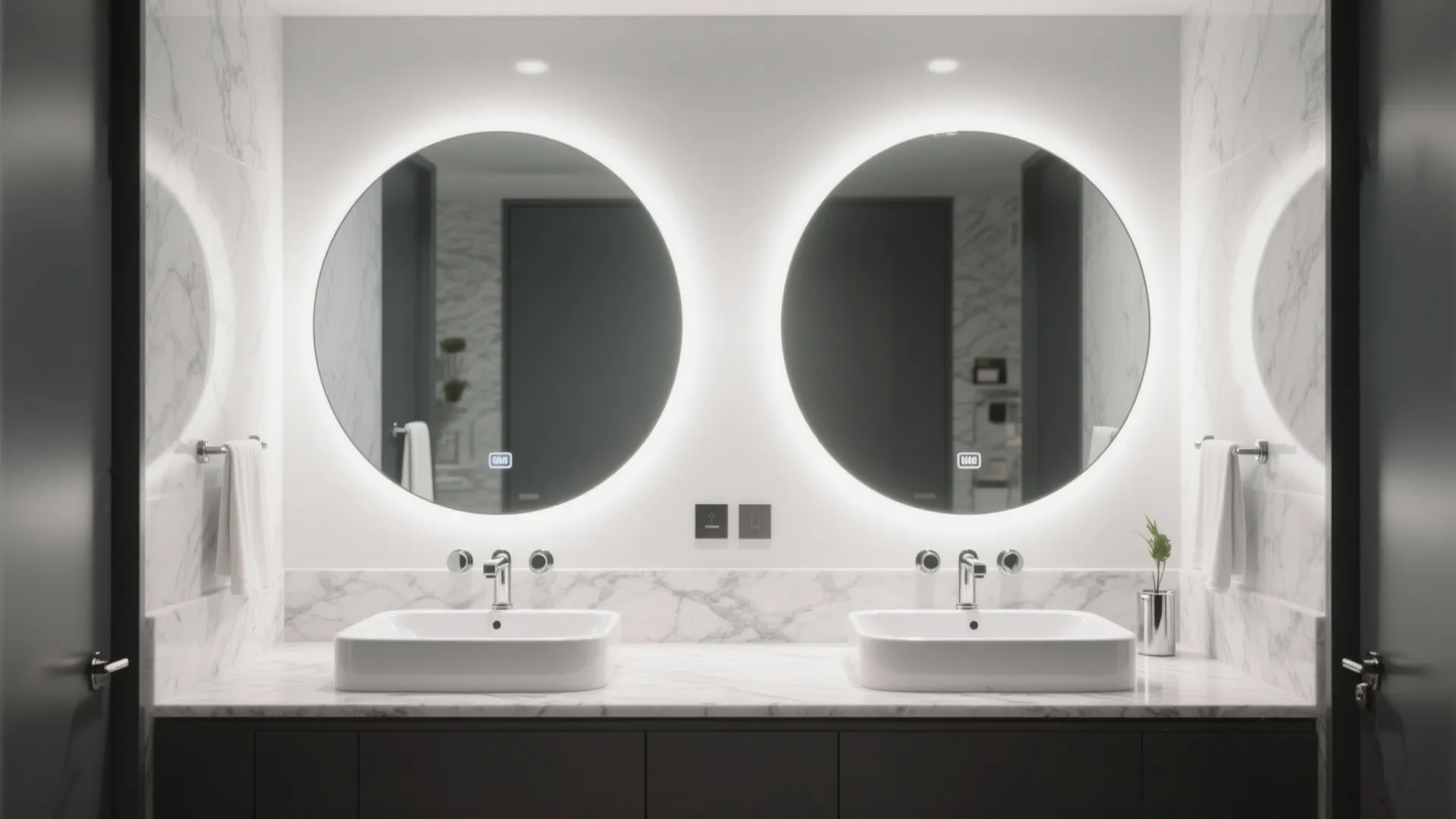Modern bathroom with two glowing round mirrors over white sinks and grey marble stone counter