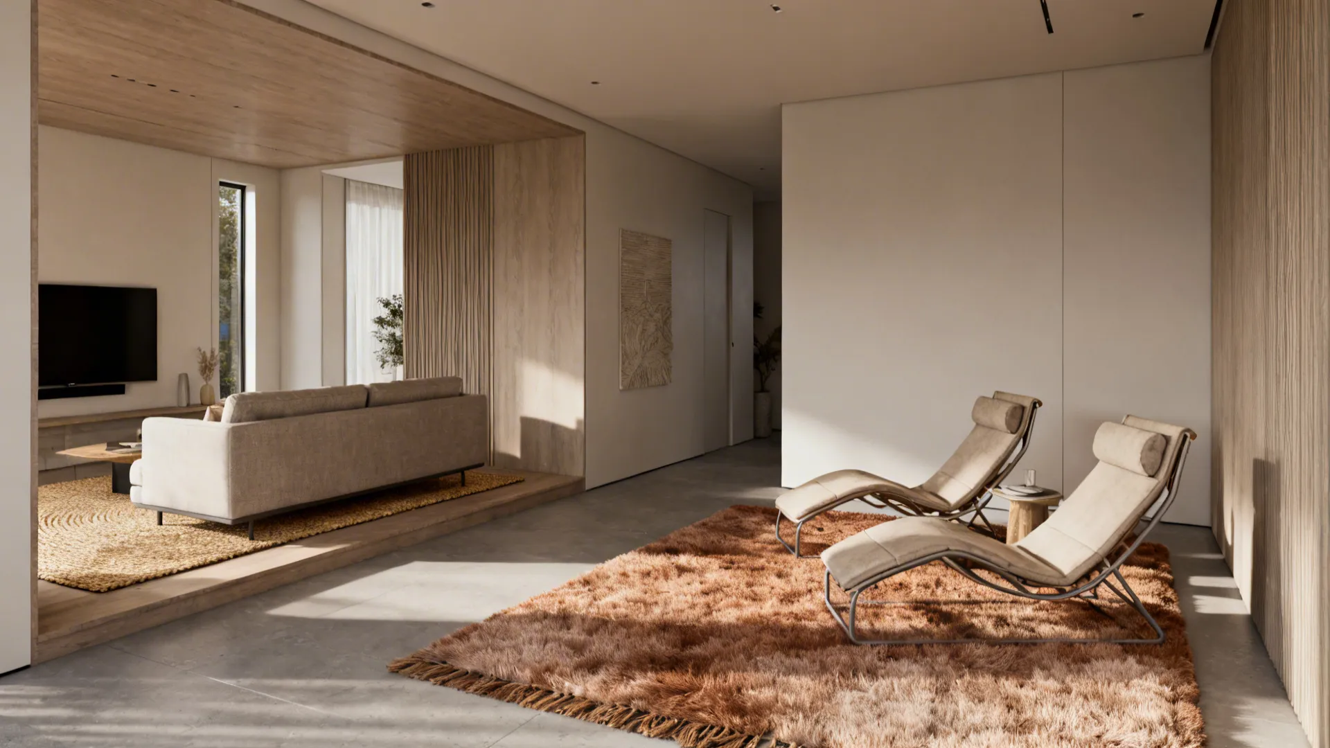 Two contrasting rugs (jute and wool) anchoring separate seating areas in a small living room.