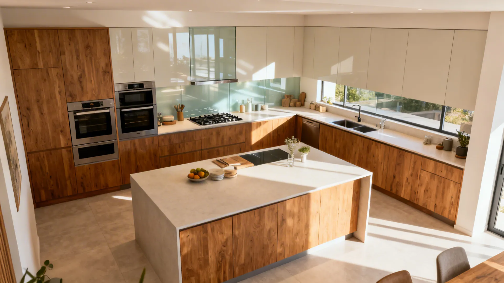 Double-run galley villa kitchen with defined prep and social aisles around an island.