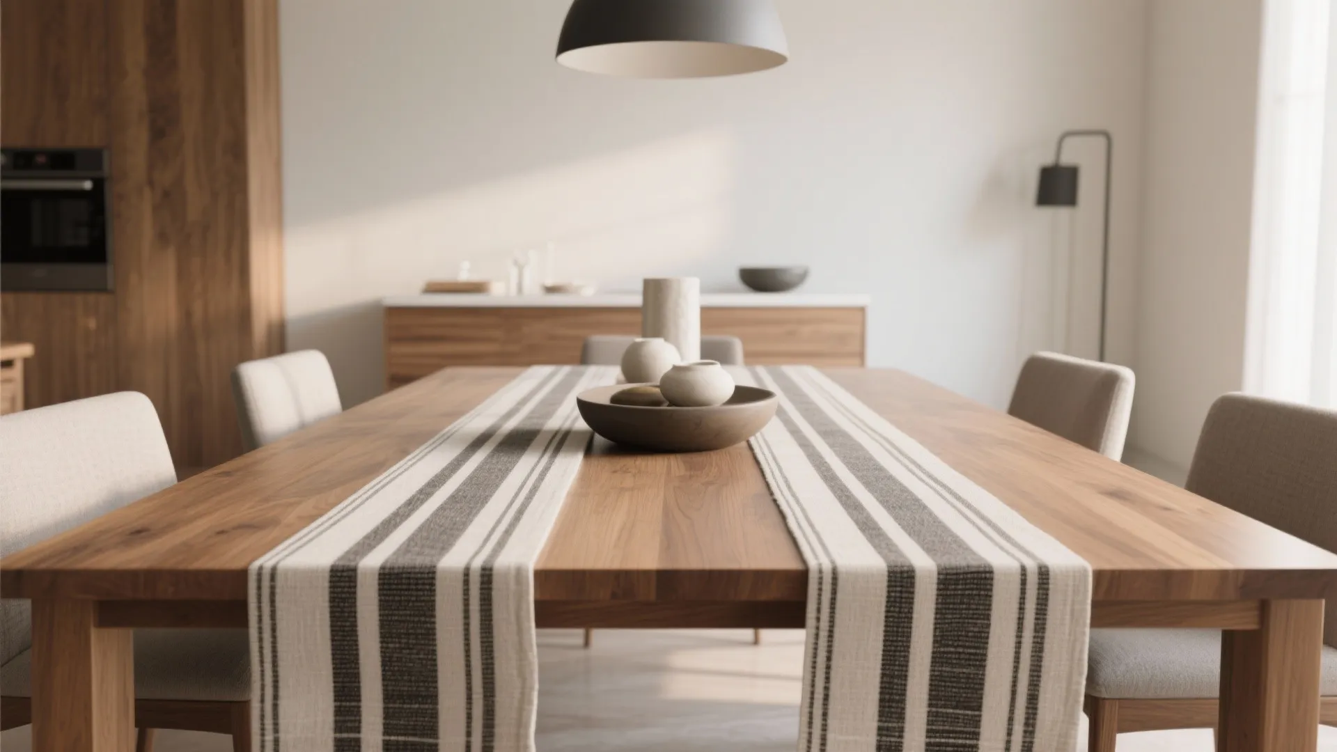Modern wooden dining table with two striped table runners, decorative bowls, and a large ceiling light