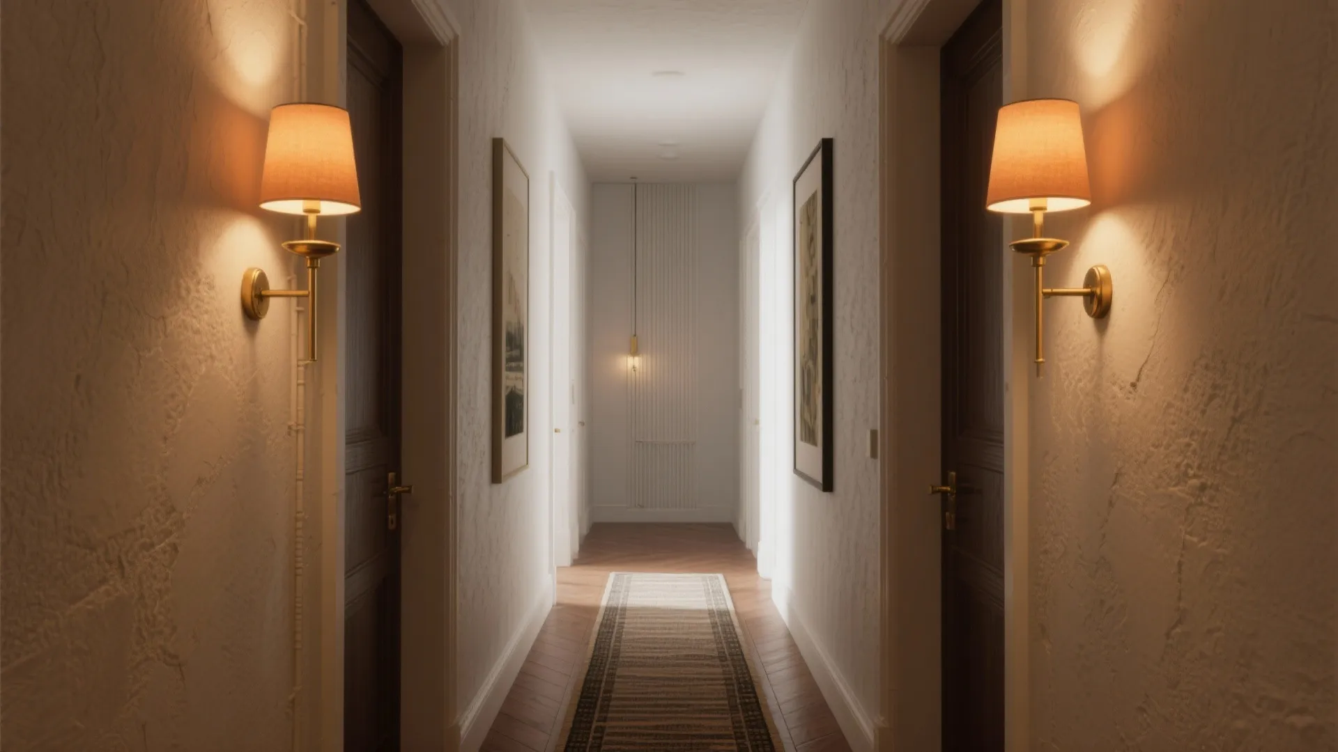 Narrow hallway with two wall lights on white walls framed art and a striped rug