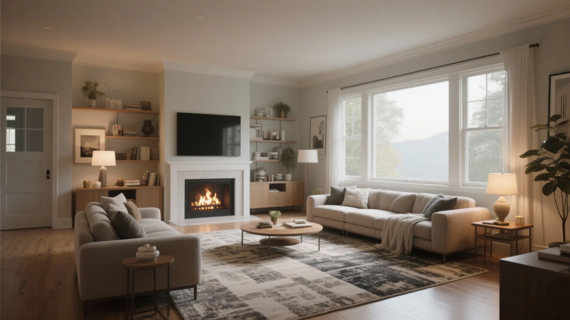 Modern living room with beige sofas a warm fireplace television bookshelves and a large window